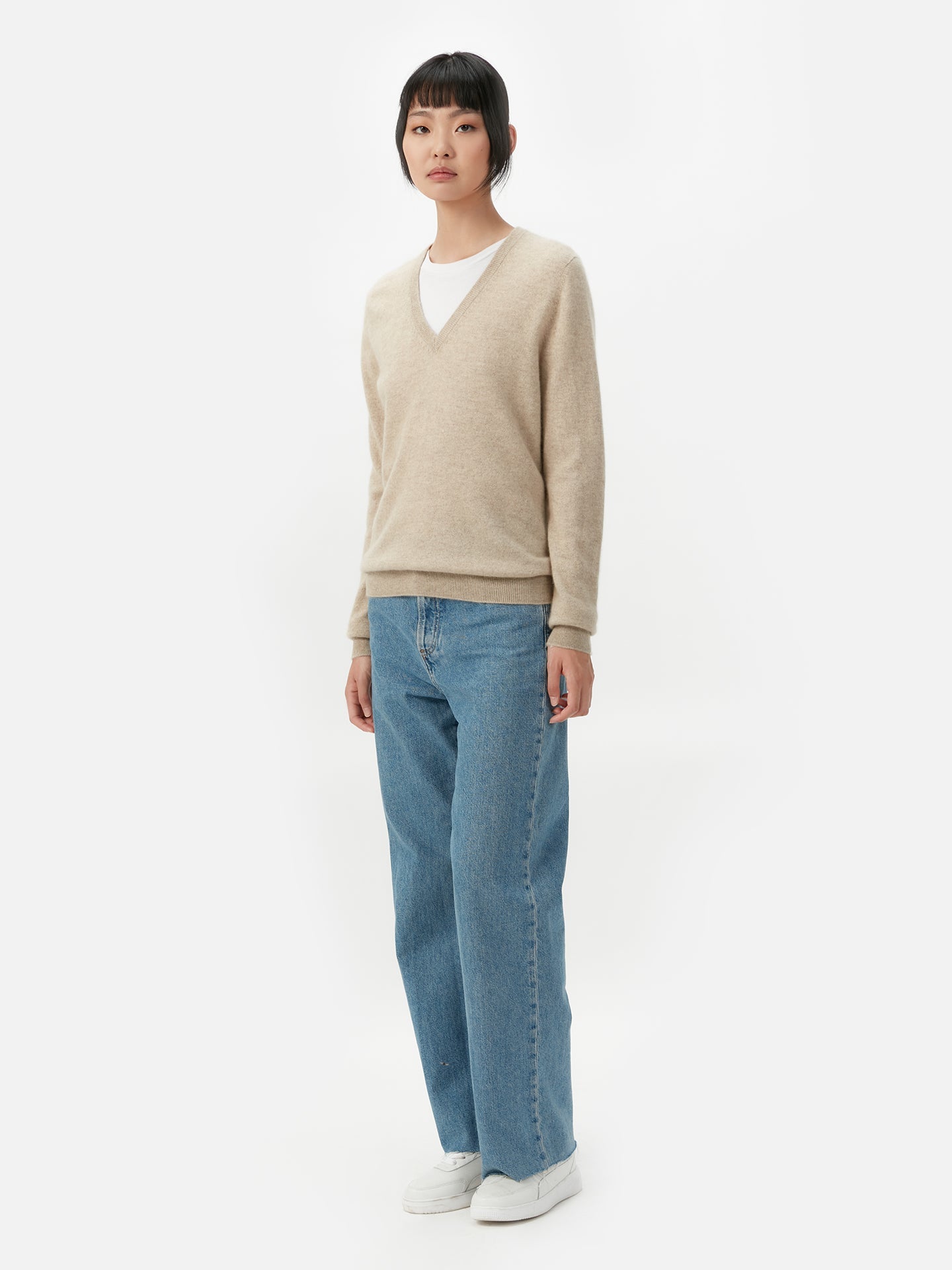 Naturfarbe Basic V-Ausschnitt Kaschmirpullover