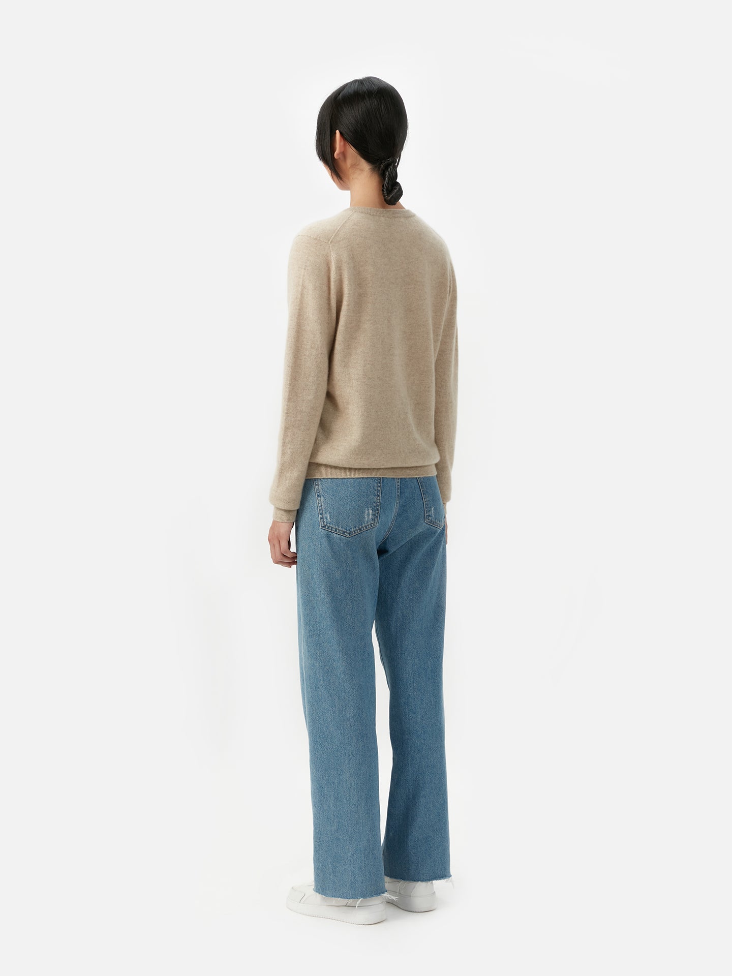 Naturfarbe Basic V-Ausschnitt Kaschmirpullover