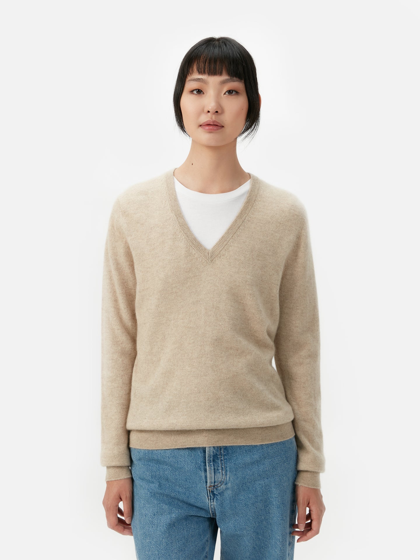 Naturfarbe Basic V-Ausschnitt Kaschmirpullover