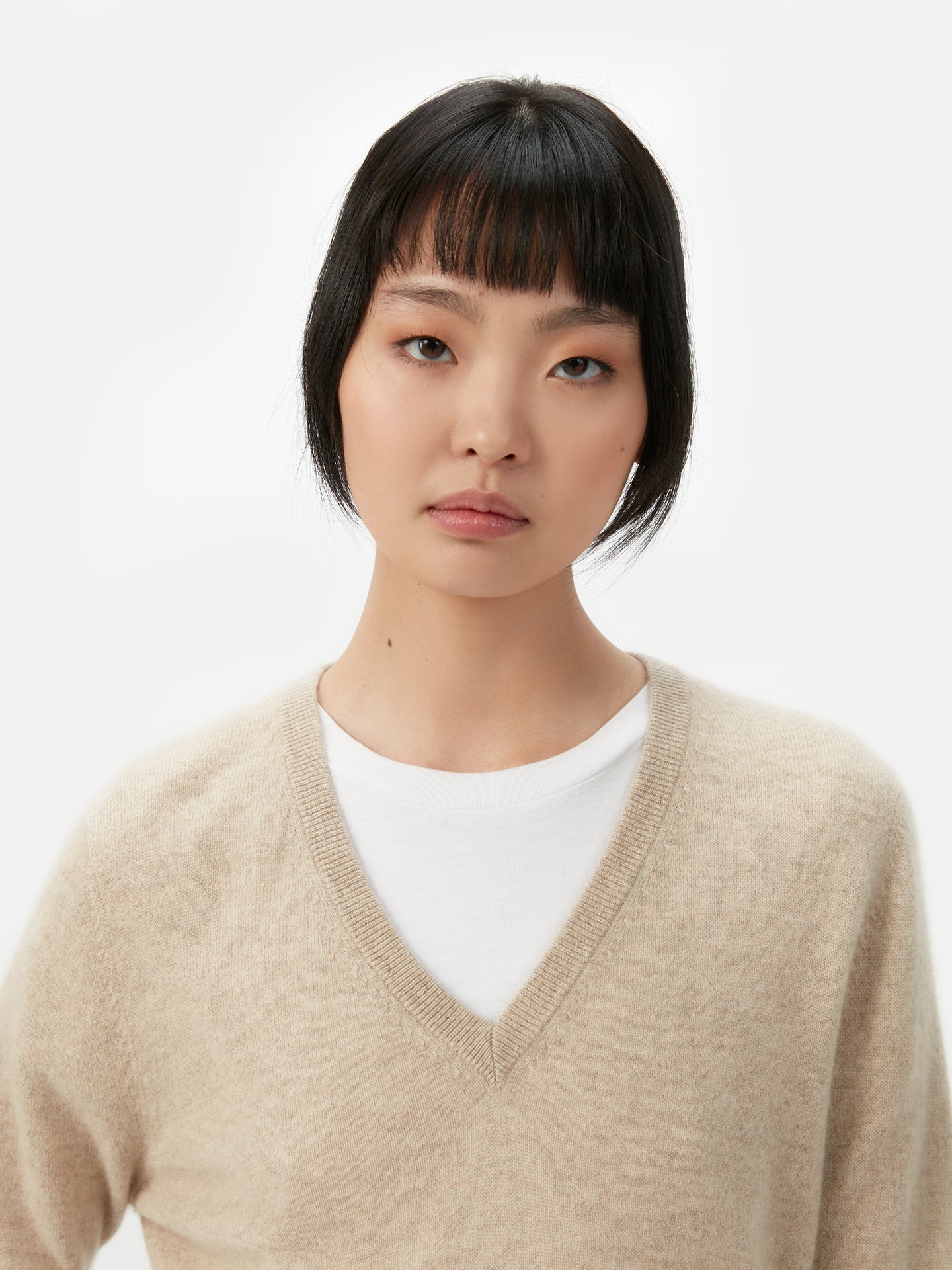 Naturfarbe Basic V-Ausschnitt Kaschmirpullover