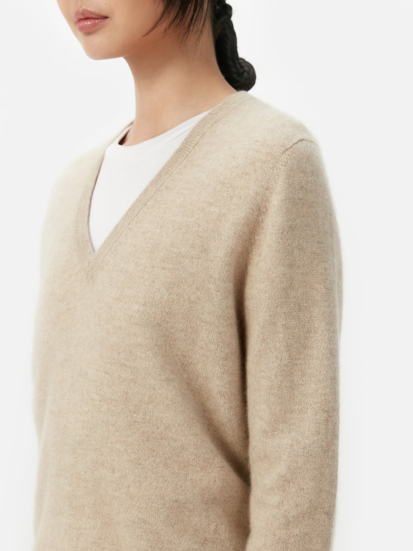 Naturfarbe Basic V-Ausschnitt Kaschmirpullover
