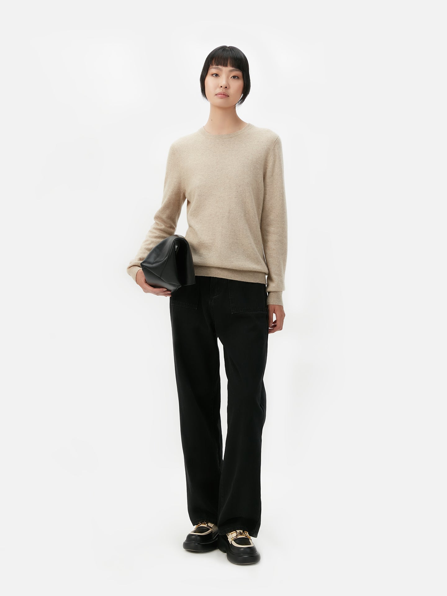 Naturfarbe Basic R-Ausschnitt Kaschmirpullover