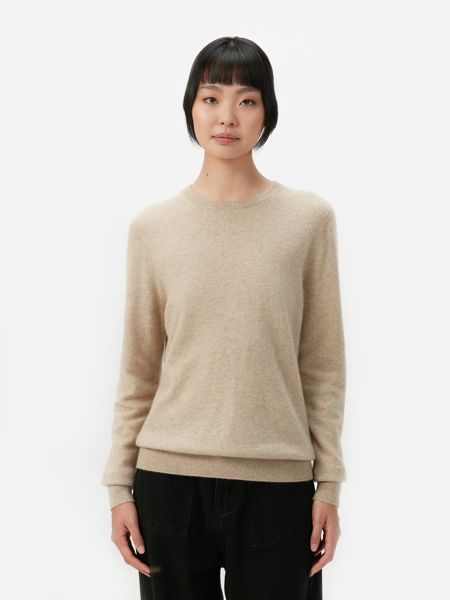 Naturfarbe Basic R-Ausschnitt Kaschmirpullover