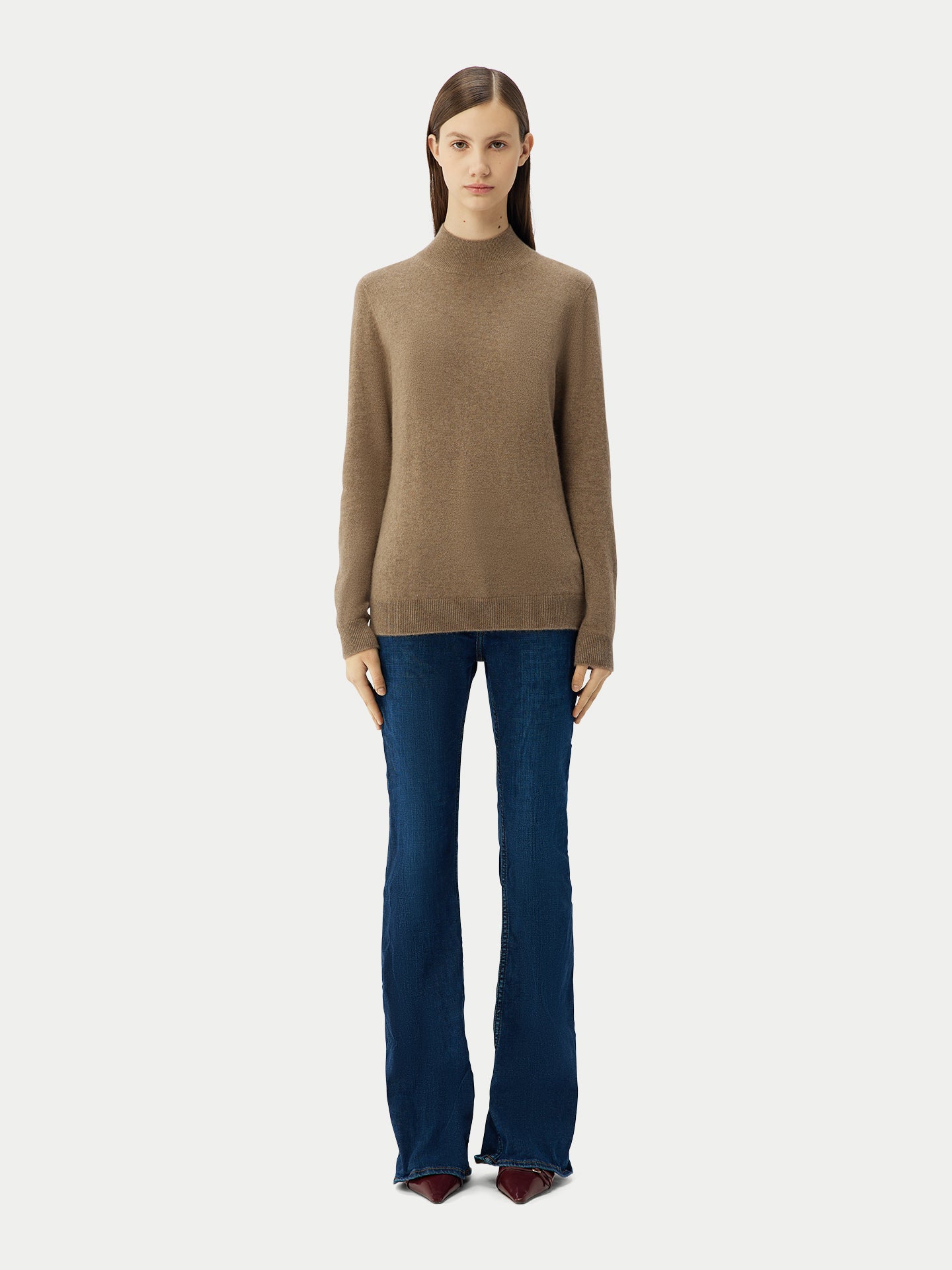 Naturfarbe Basic Stehkragenpullover aus Kaschmir