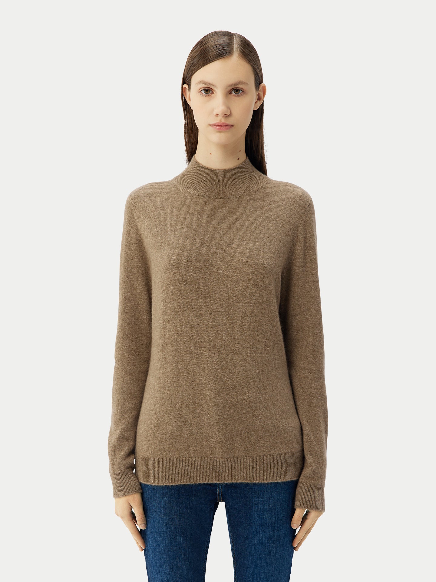 Naturfarbe Basic Stehkragenpullover aus Kaschmir