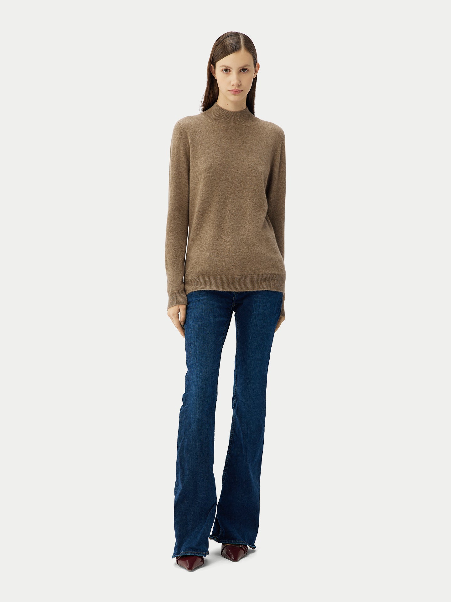 Naturfarbe Basic Stehkragenpullover aus Kaschmir