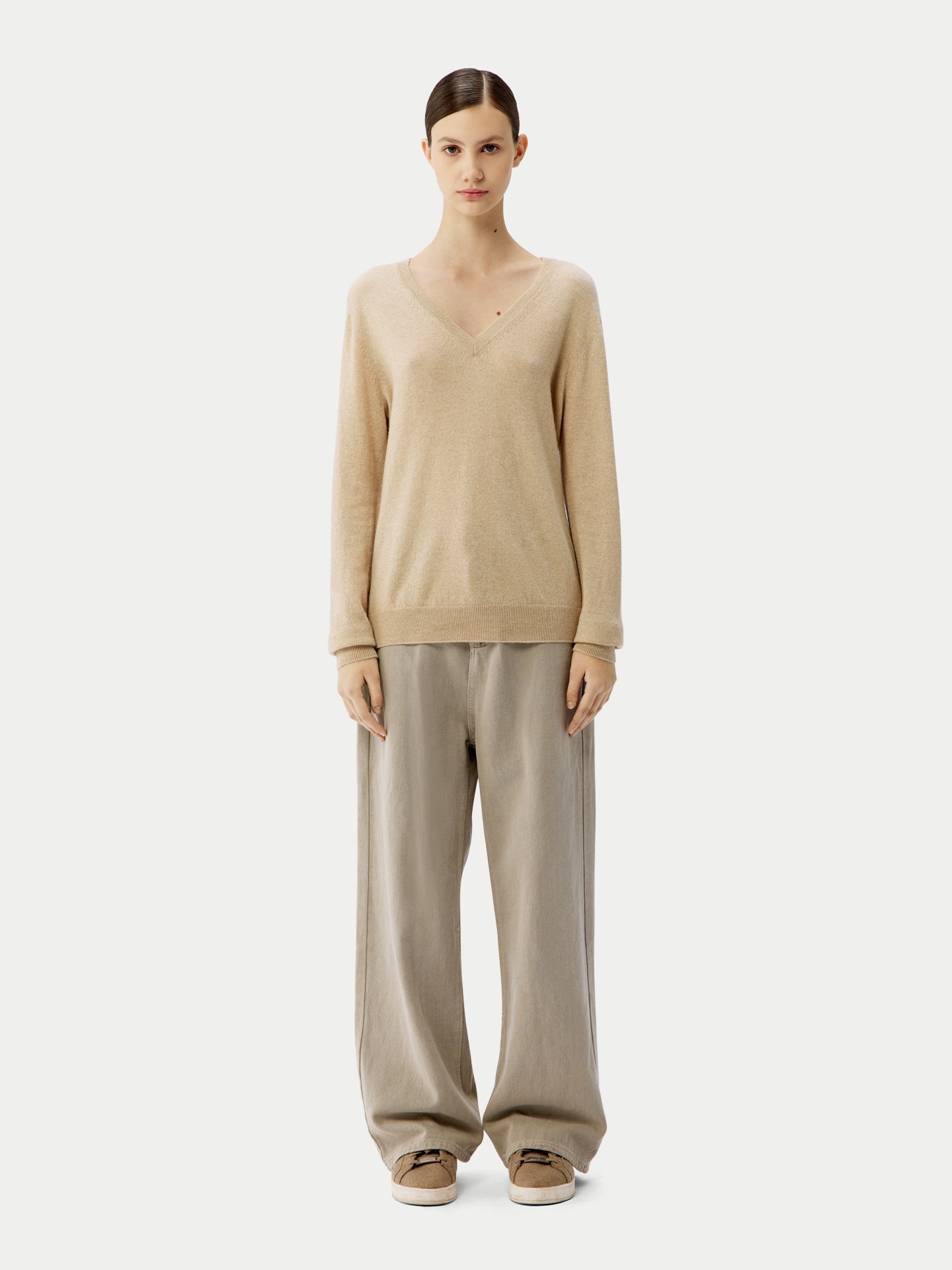 Naturfarbe Basic V-Ausschnitt Kaschmirpullover