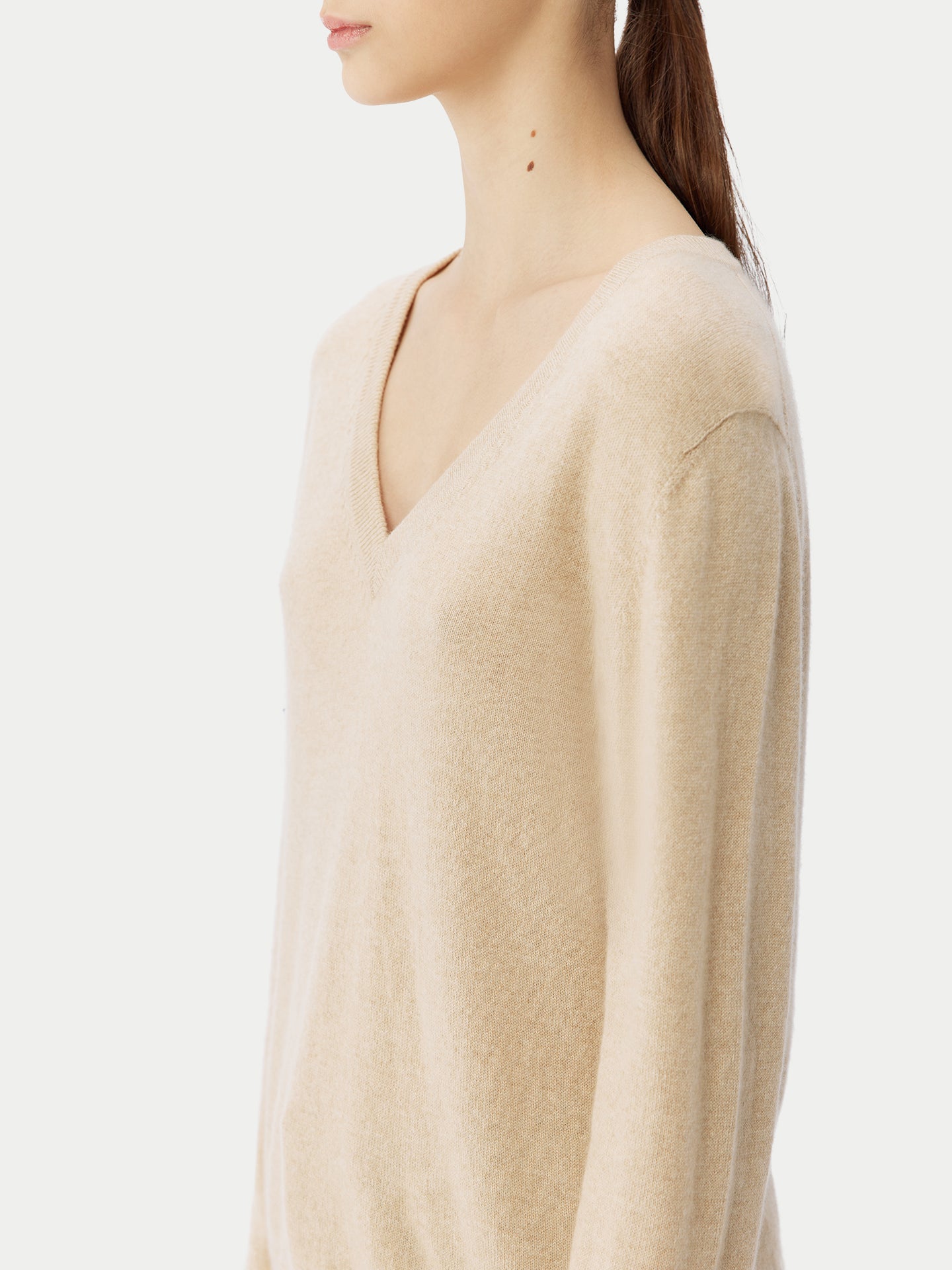 Naturfarbe Basic V-Ausschnitt Kaschmirpullover