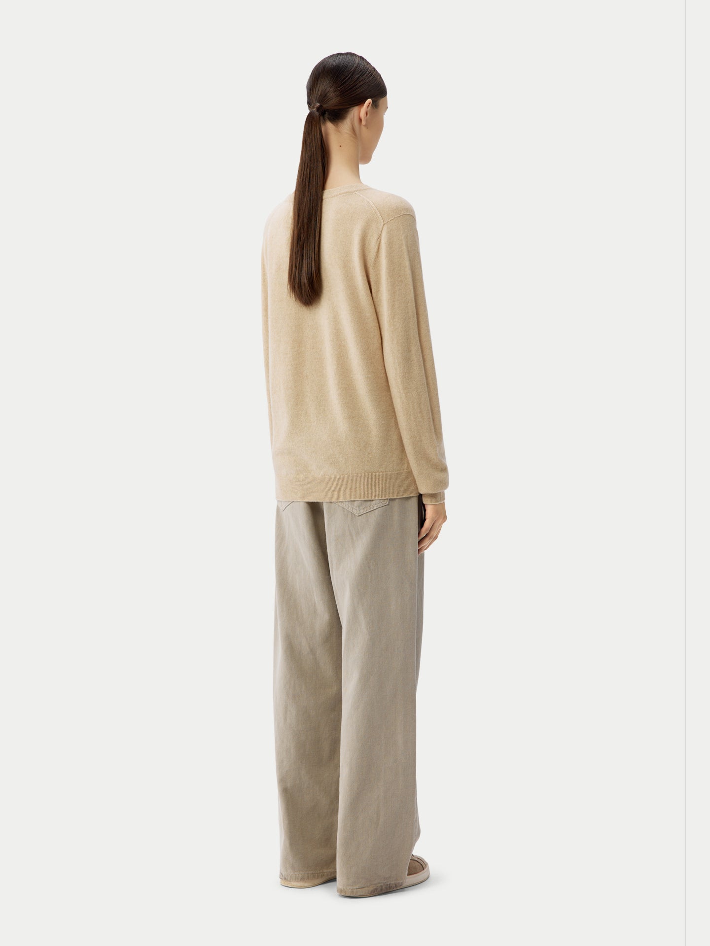 Naturfarbe Basic V-Ausschnitt Kaschmirpullover