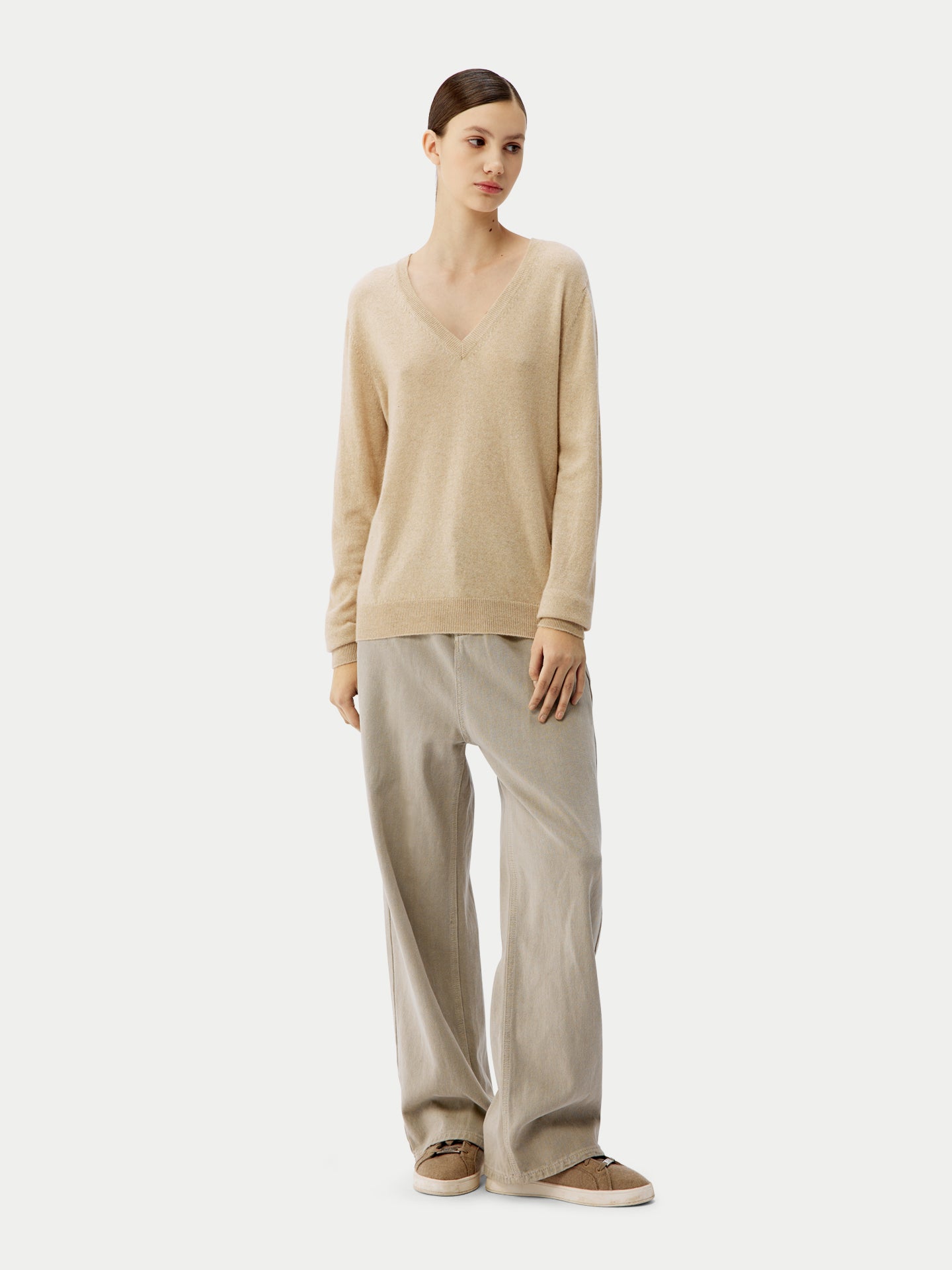 Naturfarbe Basic V-Ausschnitt Kaschmirpullover