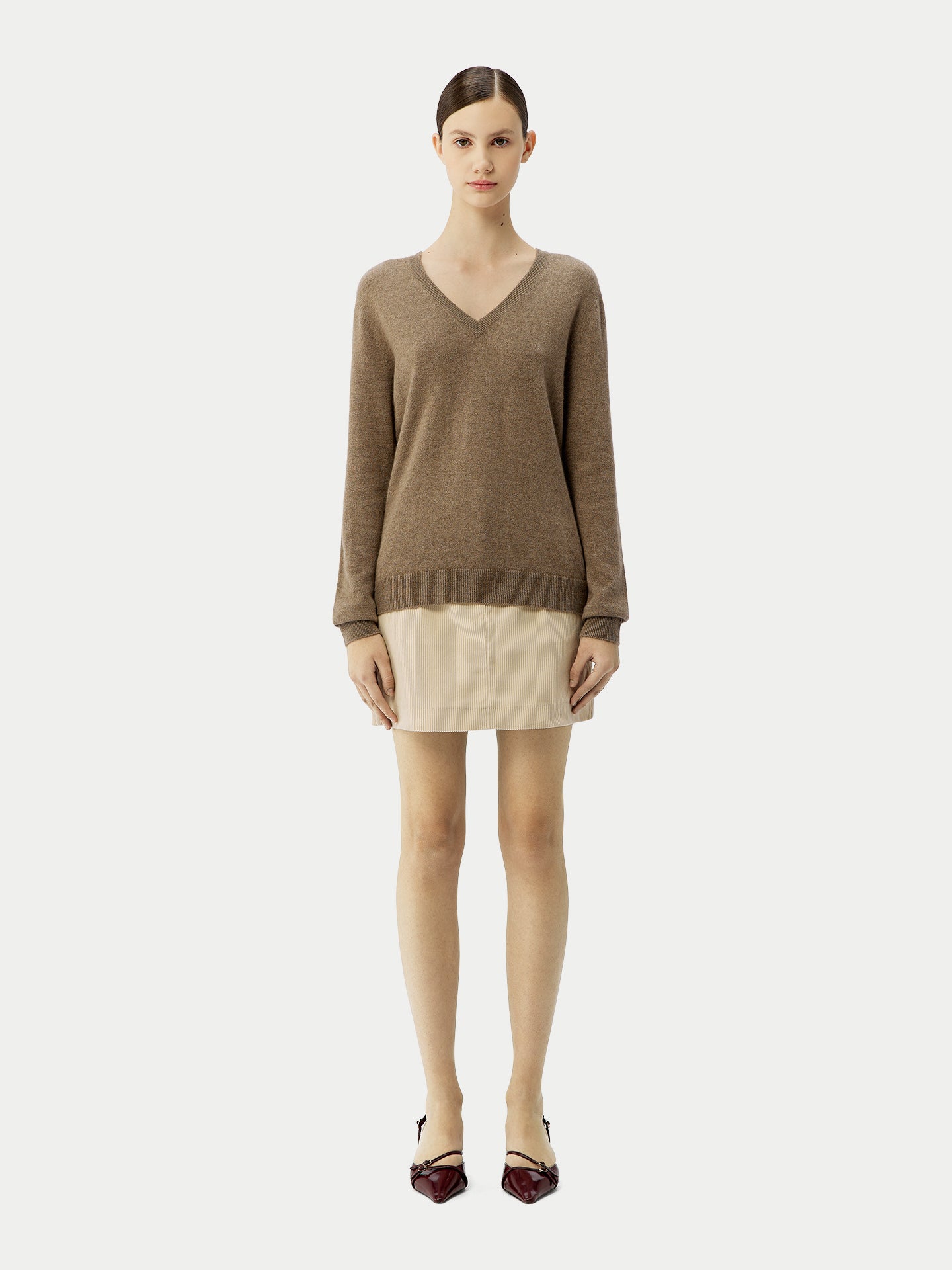 Naturfarbe Basic V-Ausschnitt Kaschmirpullover