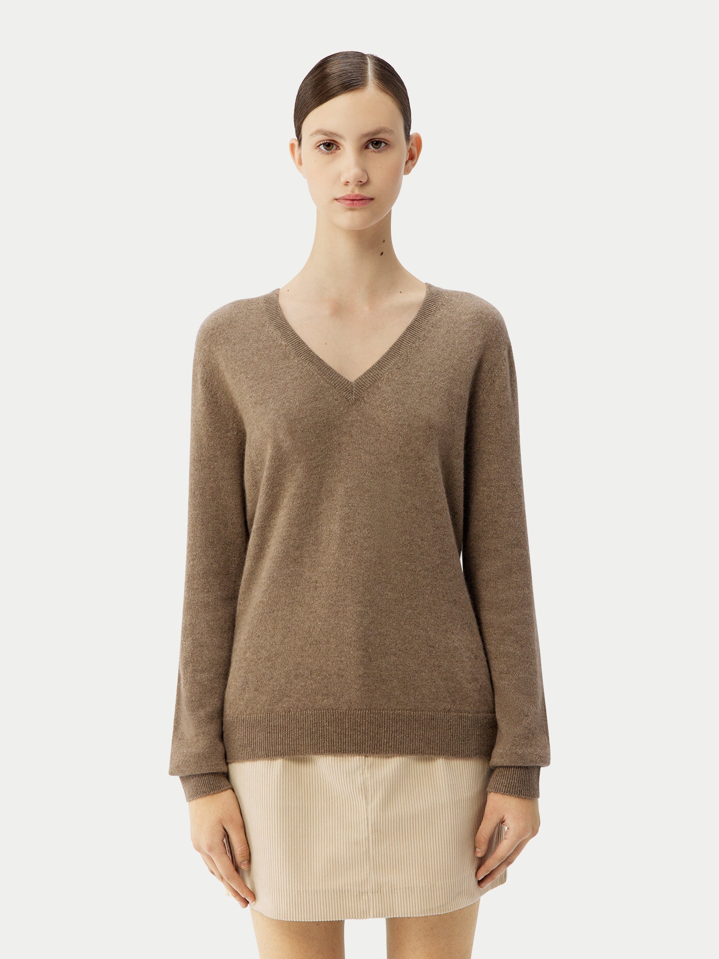 Naturfarbe Basic V-Ausschnitt Kaschmirpullover