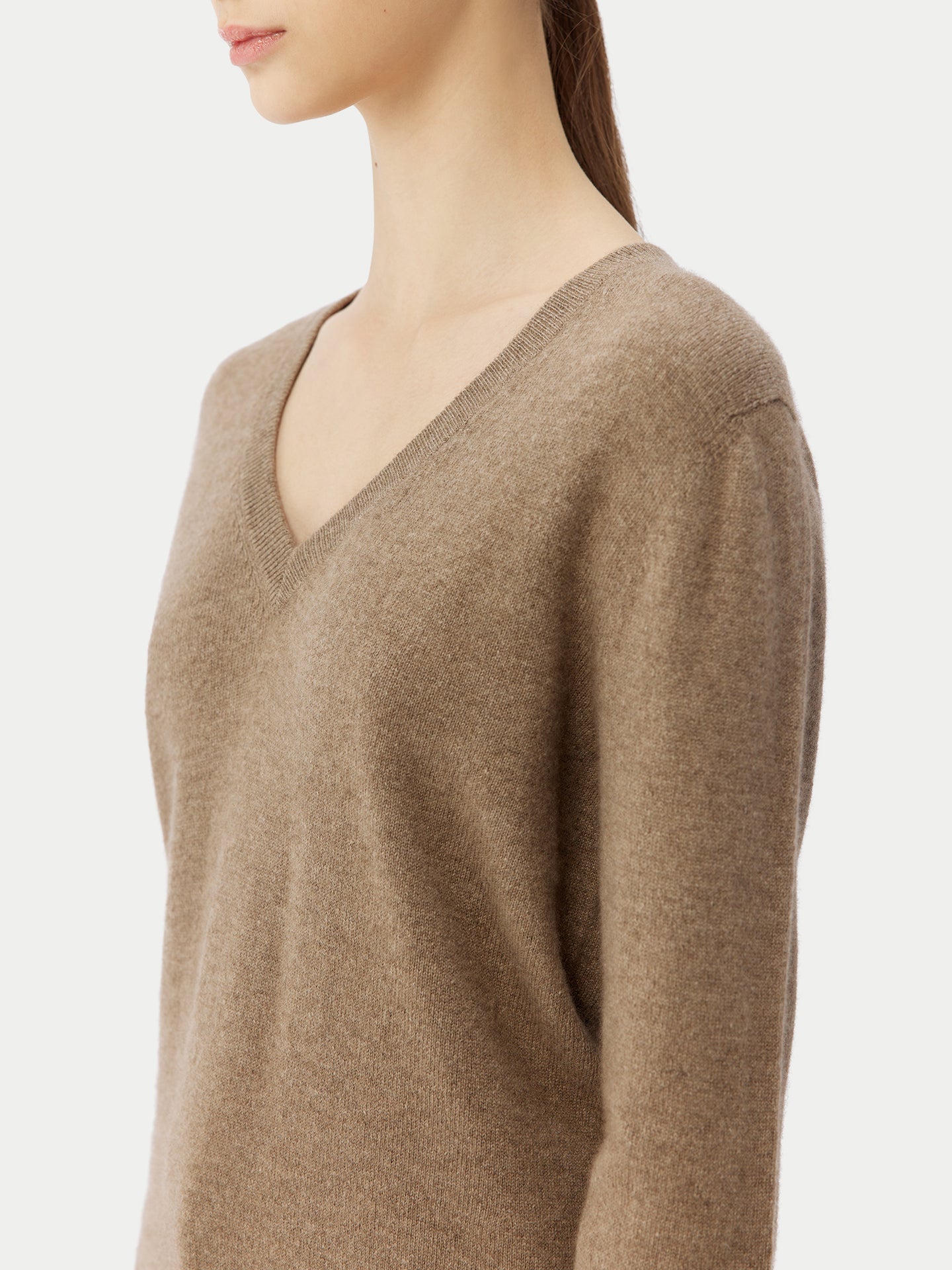 Naturfarbe Basic V-Ausschnitt Kaschmirpullover