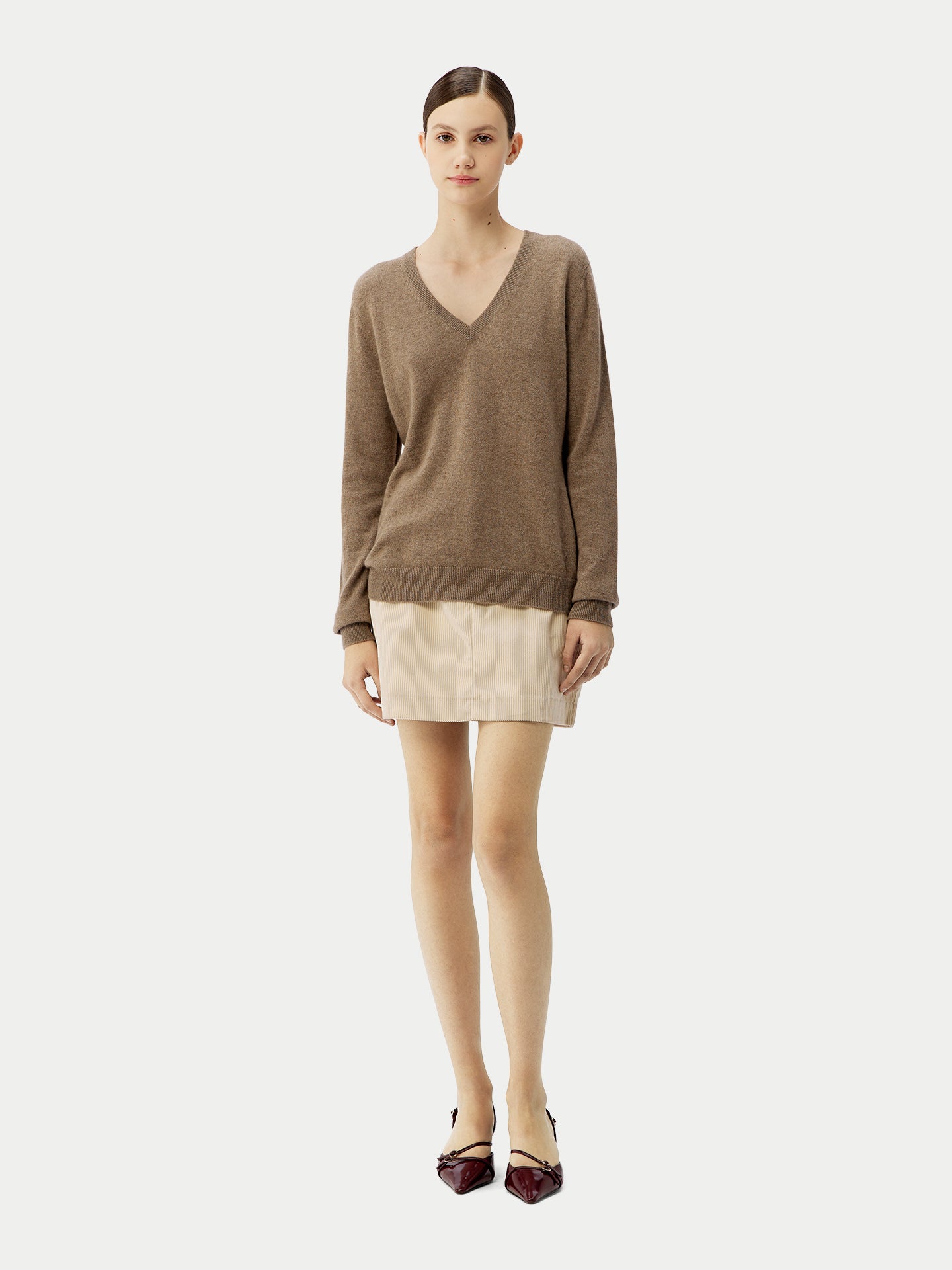Naturfarbe Basic V-Ausschnitt Kaschmirpullover