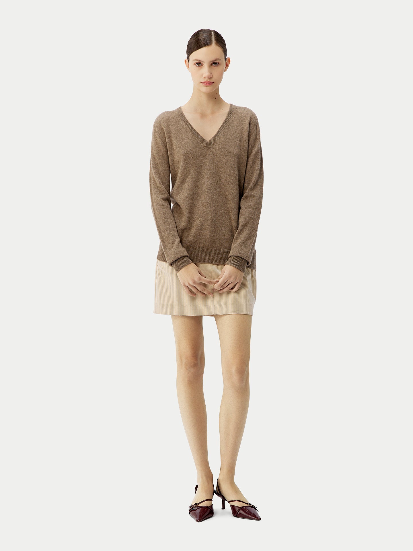 Naturfarbe Basic V-Ausschnitt Kaschmirpullover