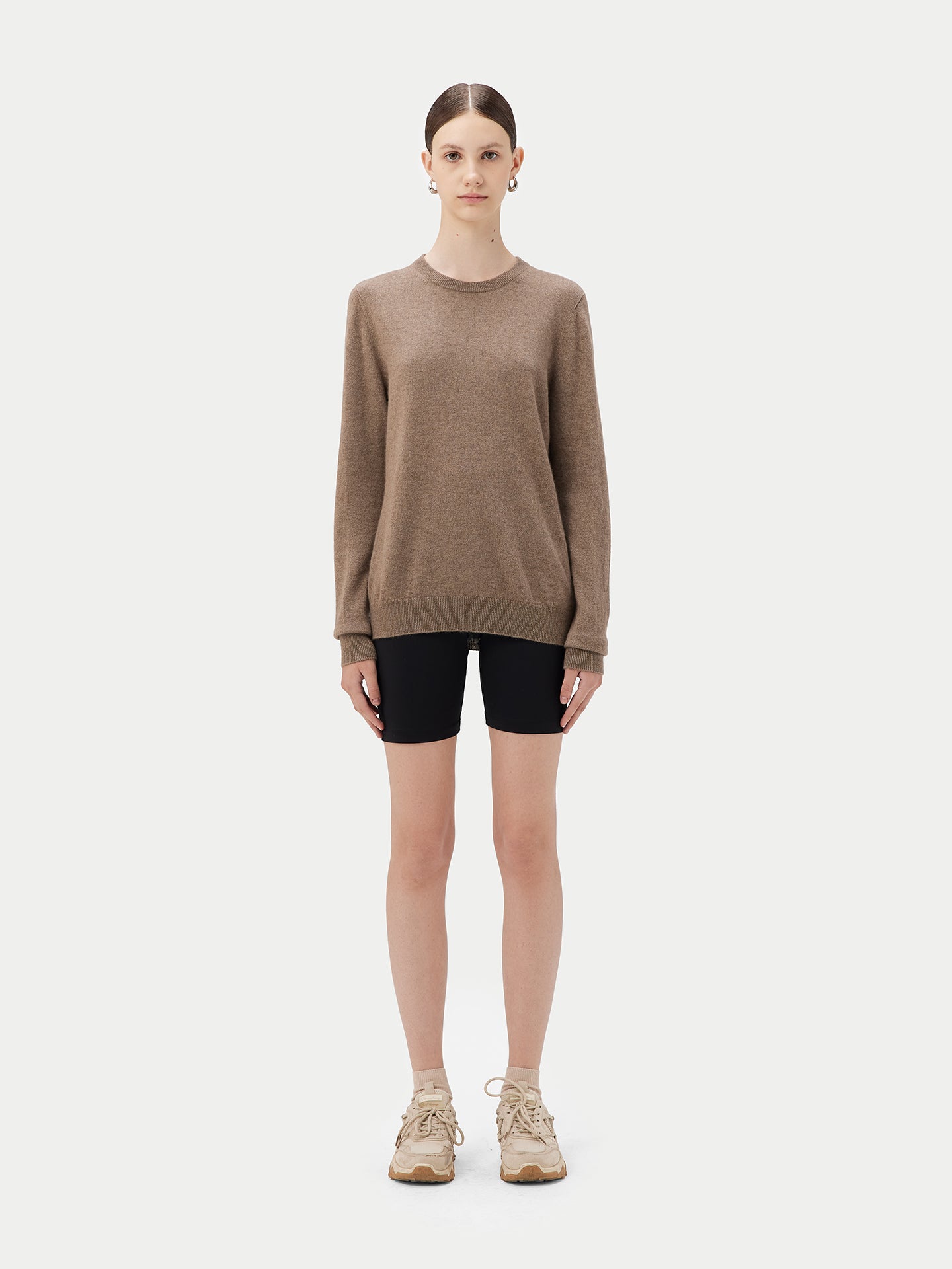 Damen Kaschmir Basic R-Ausschnitt Pullover Taupe - Gobi Cashmere