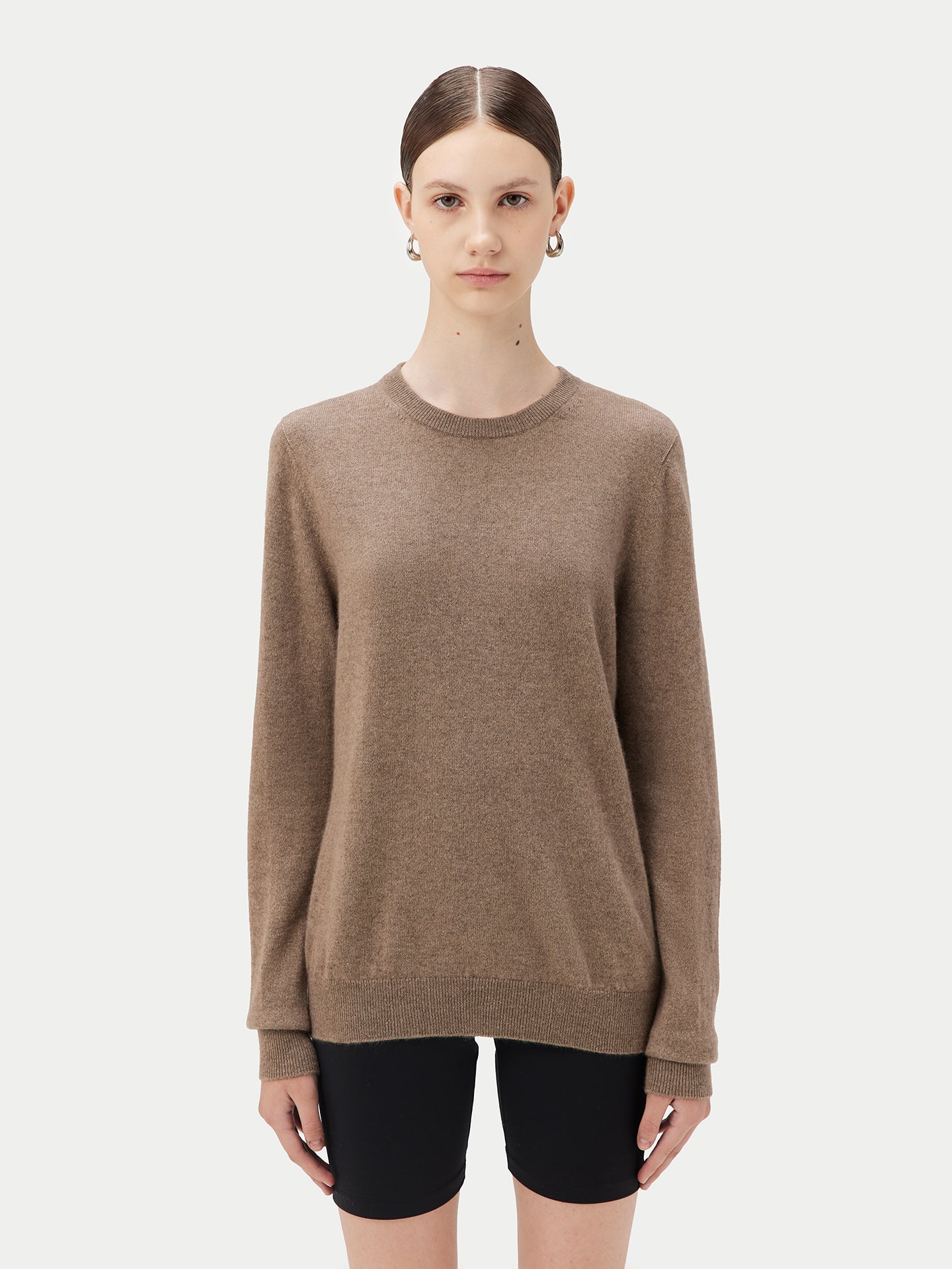 Damen Kaschmir Basic R-Ausschnitt Pullover Taupe - Gobi Cashmere