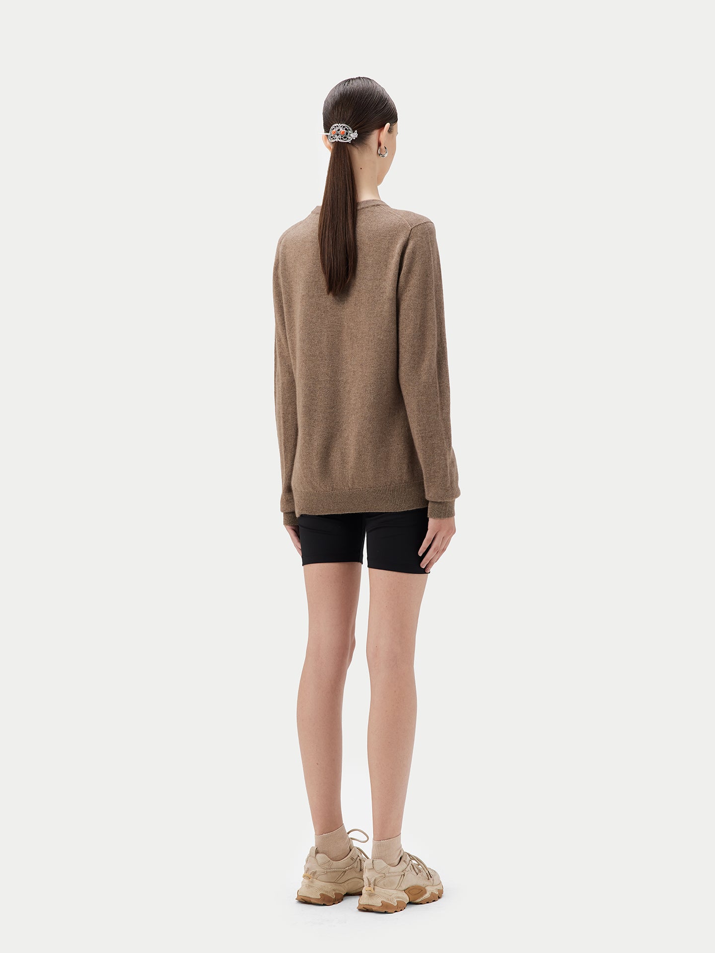 Damen Kaschmir Basic R-Ausschnitt Pullover Taupe - Gobi Cashmere