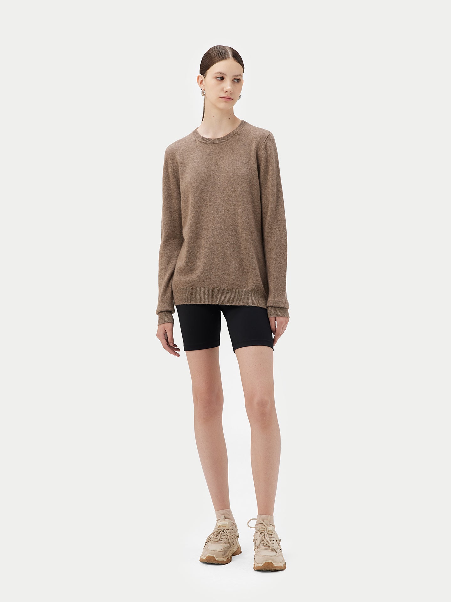 Damen Kaschmir Basic R-Ausschnitt Pullover Taupe - Gobi Cashmere