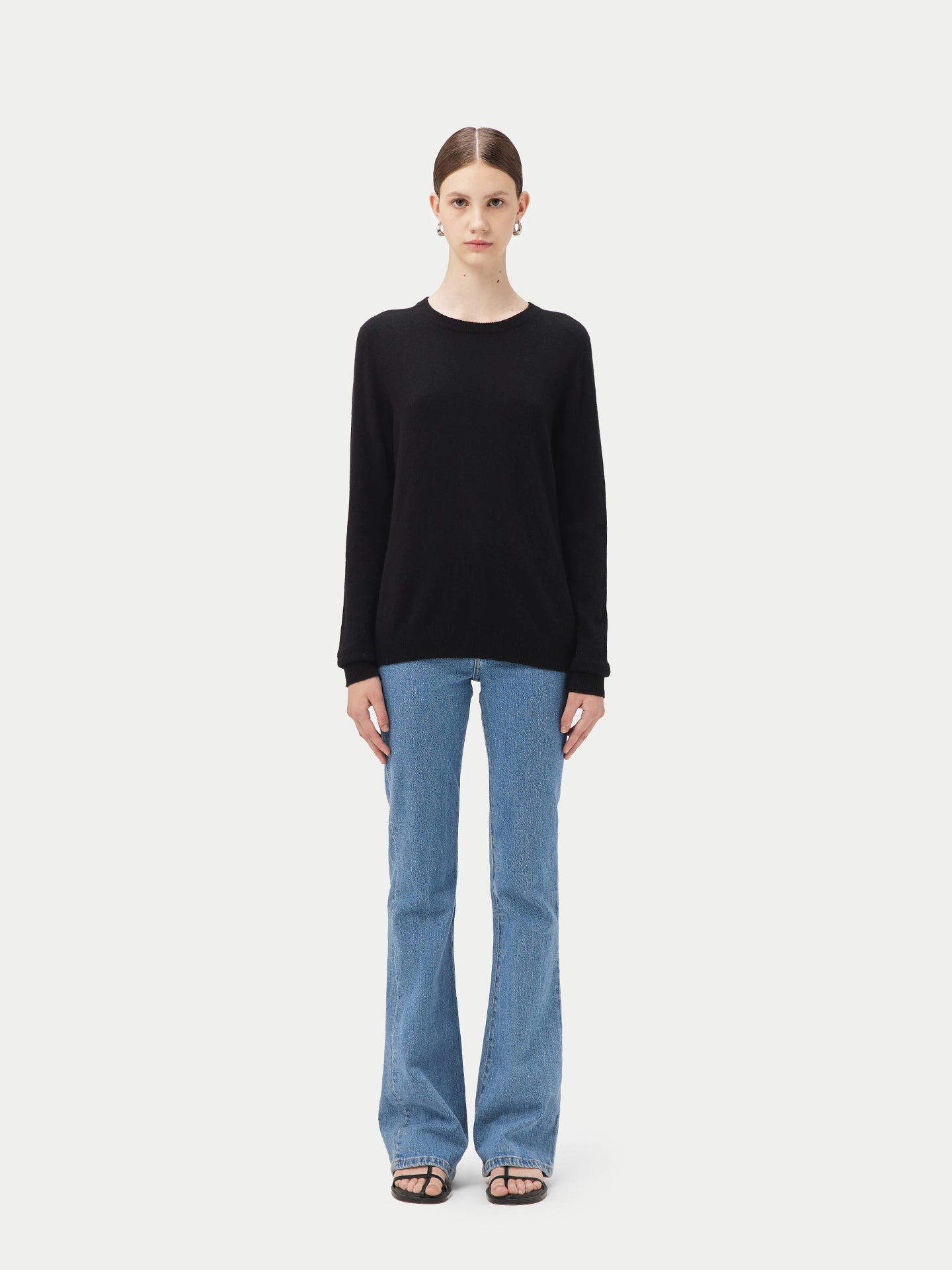 Damen Kaschmir Basic R-Ausschnitt Pullover Schwarz - Gobi Cashmere