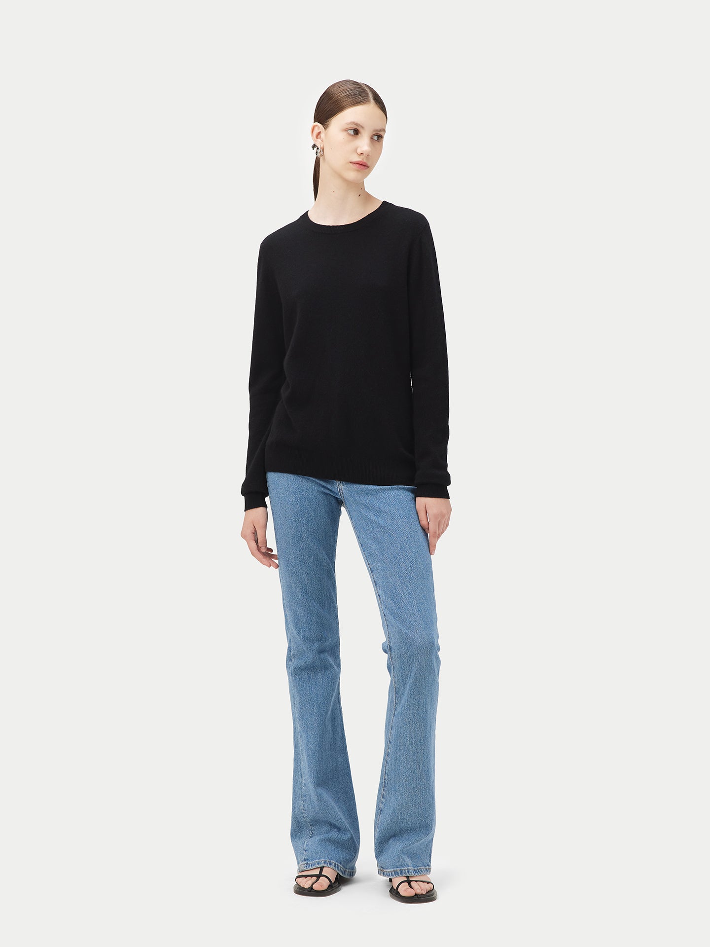 Damen Kaschmir Basic R-Ausschnitt Pullover Schwarz - Gobi Cashmere