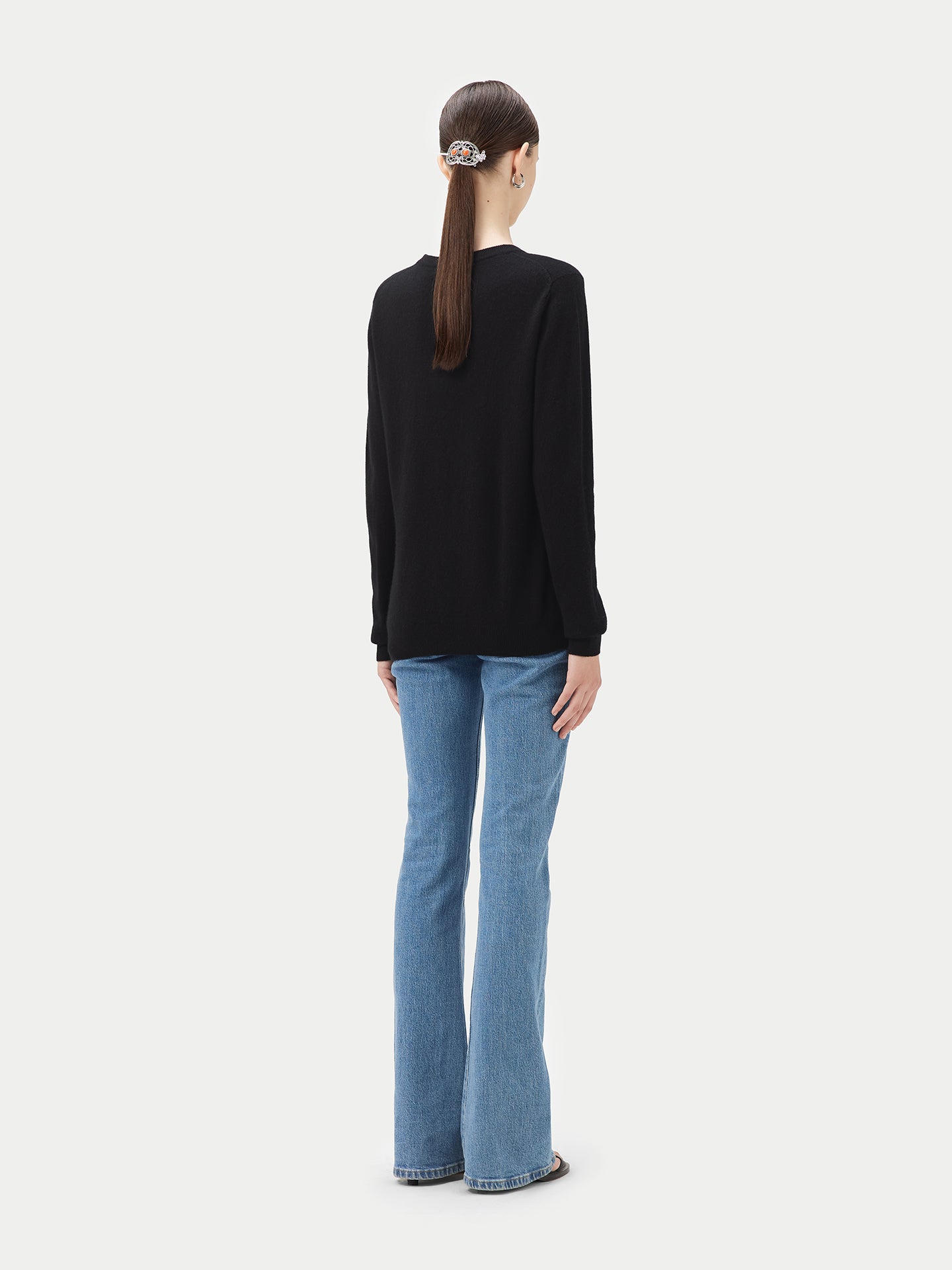 Damen Kaschmir Basic R-Ausschnitt Pullover Schwarz - Gobi Cashmere