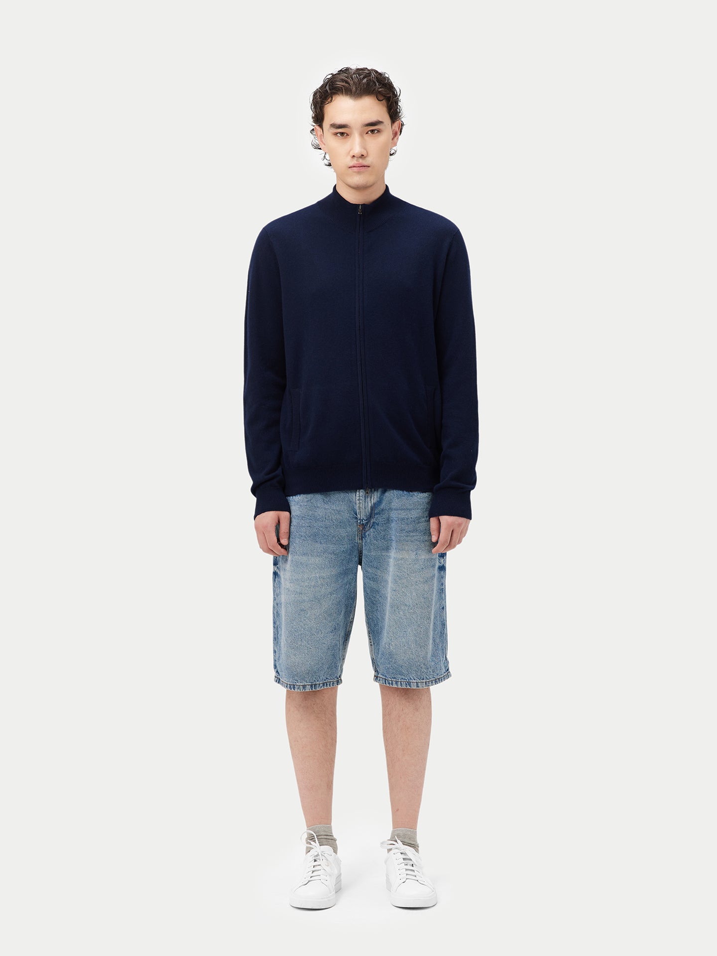 Herren Kaschmir Stehkragen Strickjacke Mit Reißverschluss Marineblau - Gobi Cashmere