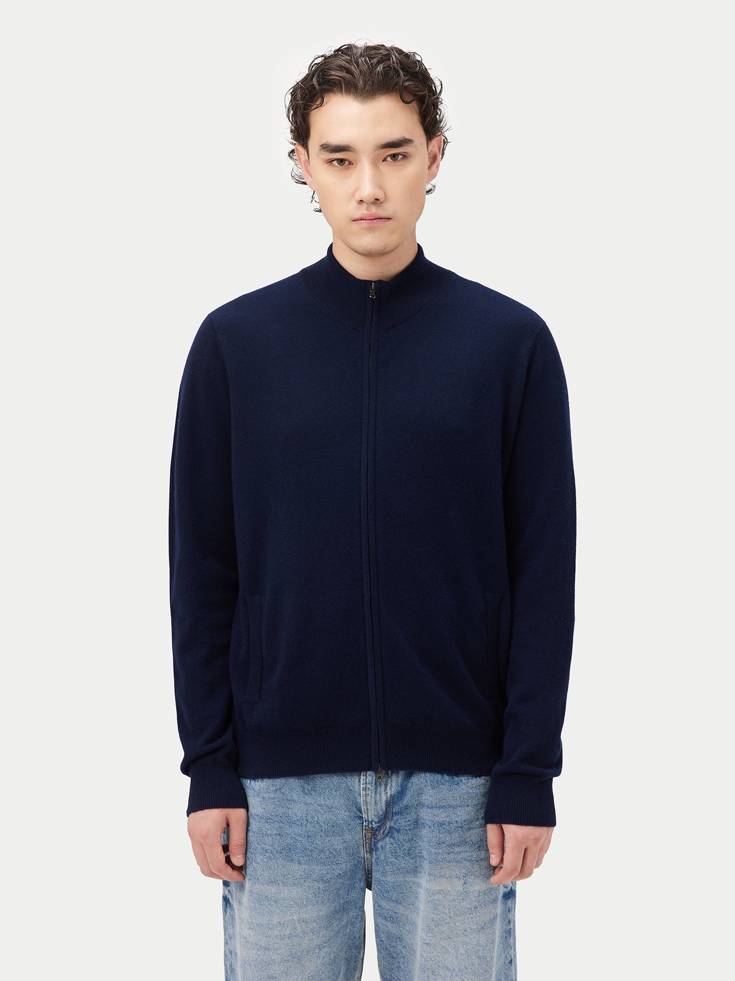 Herren Kaschmir Stehkragen Strickjacke Mit Reißverschluss Marineblau - Gobi Cashmere