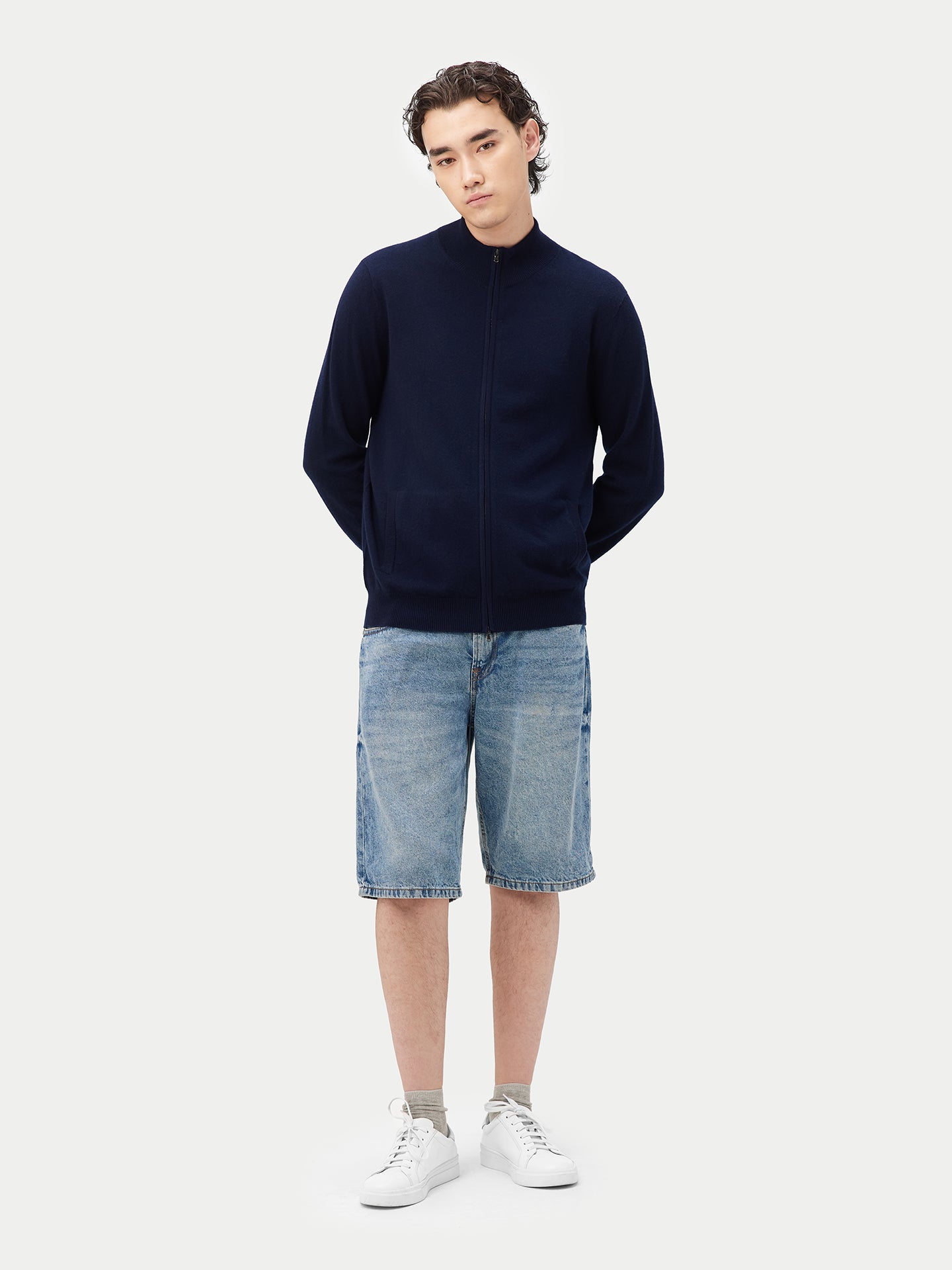 Herren Kaschmir Stehkragen Strickjacke Mit Reißverschluss Marineblau - Gobi Cashmere