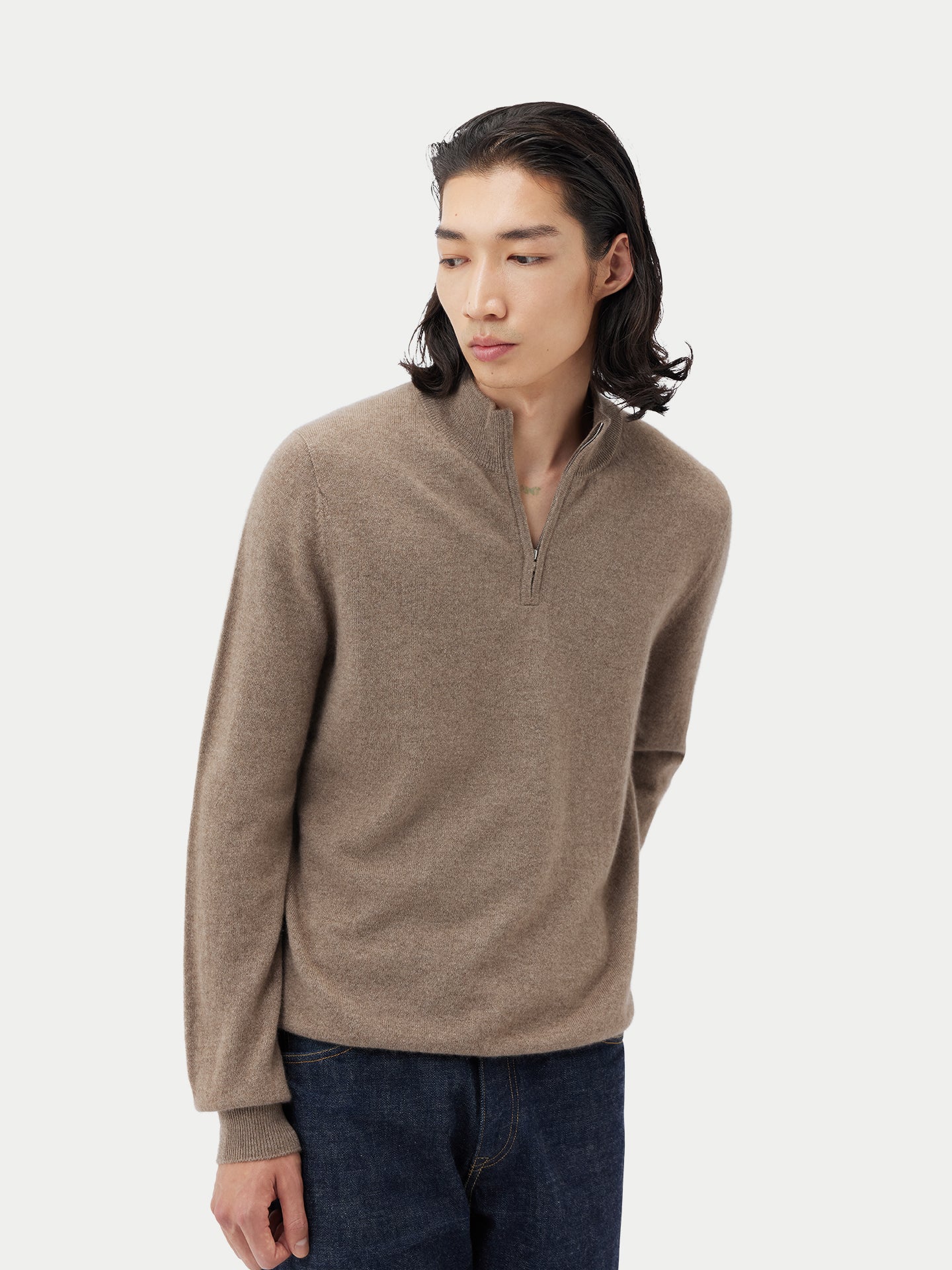 Basic Kaschmirpullover mit Halbreißverschluss