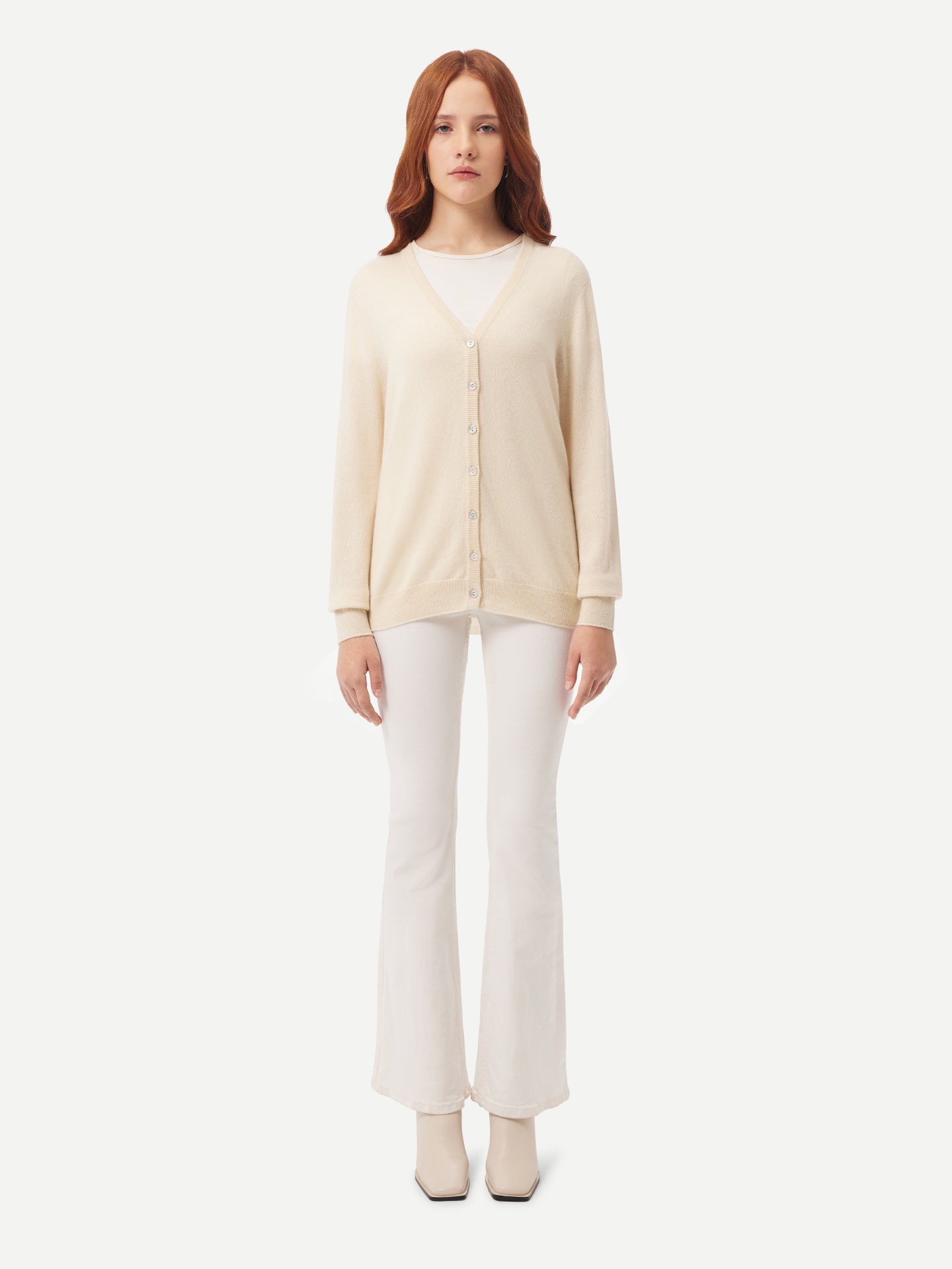 Naturfarbe V-Ausschnitt Kaschmirstrickjacke