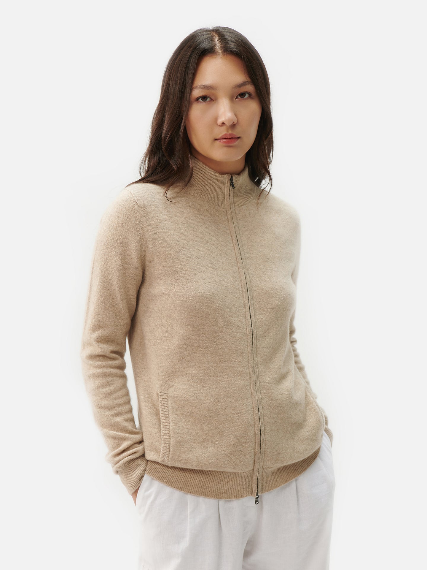 Basic Kaschmirstrickjacke mit Reißverschluss