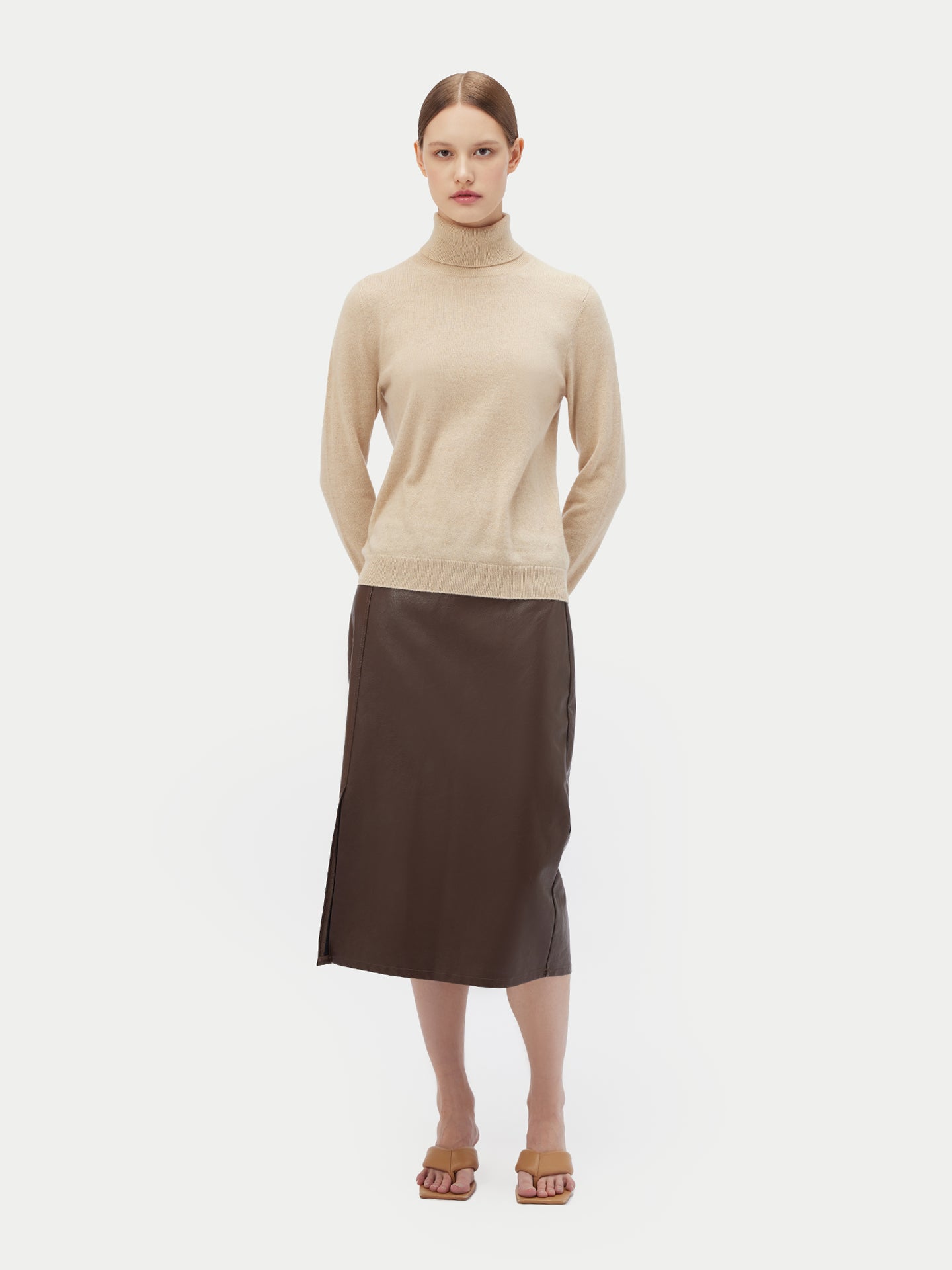 Naturfarbe Basic Rollkragenpullover aus Kaschmir