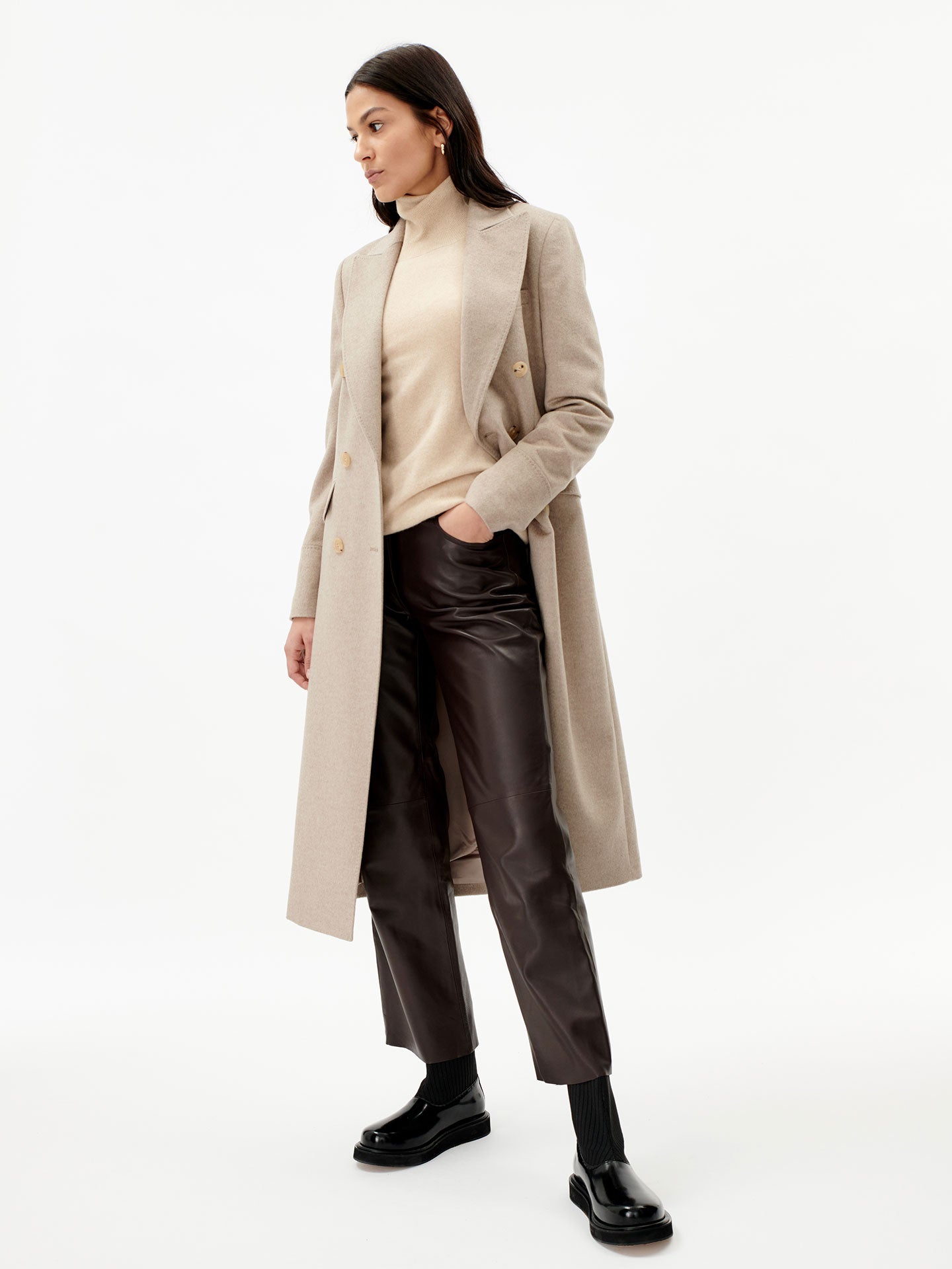 Damen Kaschmir Langer Mantel Mit Spitzenrevers taupe - Gobi Cashmere