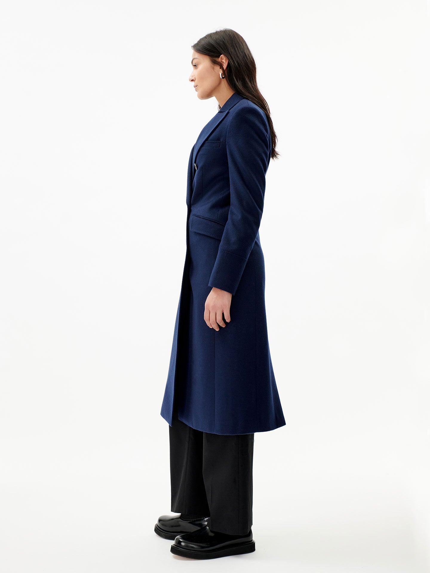 Damen Kaschmir Langer Mantel Mit Spitzenrevers Marineblau - Gobi Cashmere