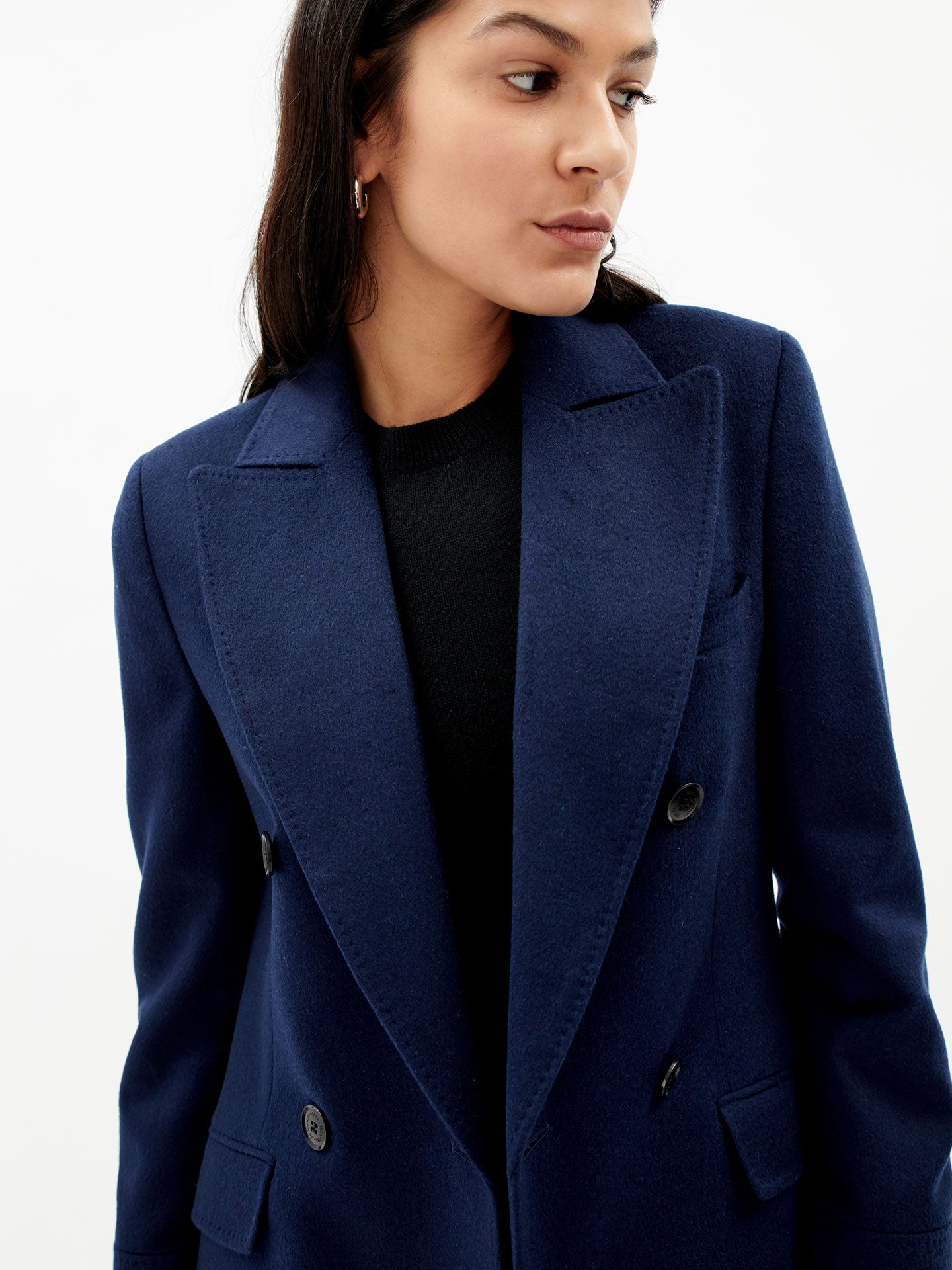 Damen Kaschmir Langer Mantel Mit Spitzenrevers Marineblau - Gobi Cashmere