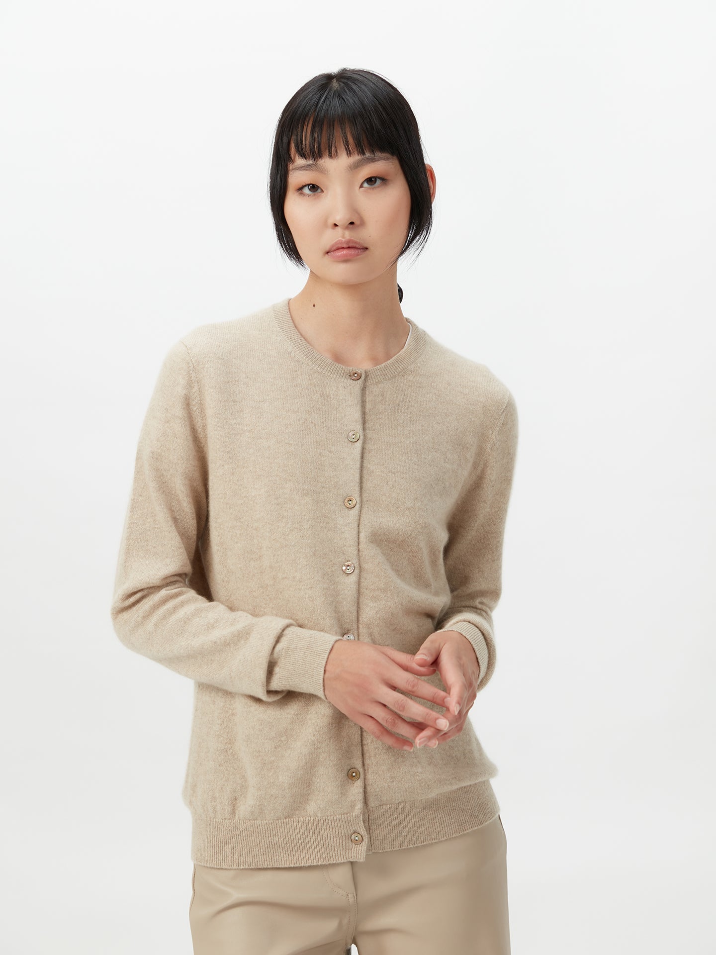 Women's Cashmere Crew Neck Cardigan Warm Grey - Gobi Cashmere