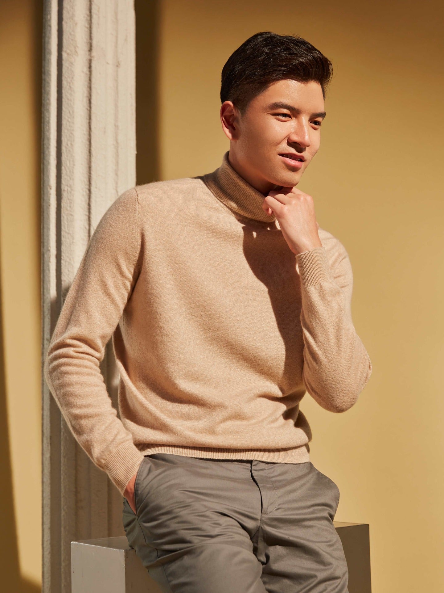 Herren Kaschmir Rollkragenpullover Beige - Gobi Cashmere