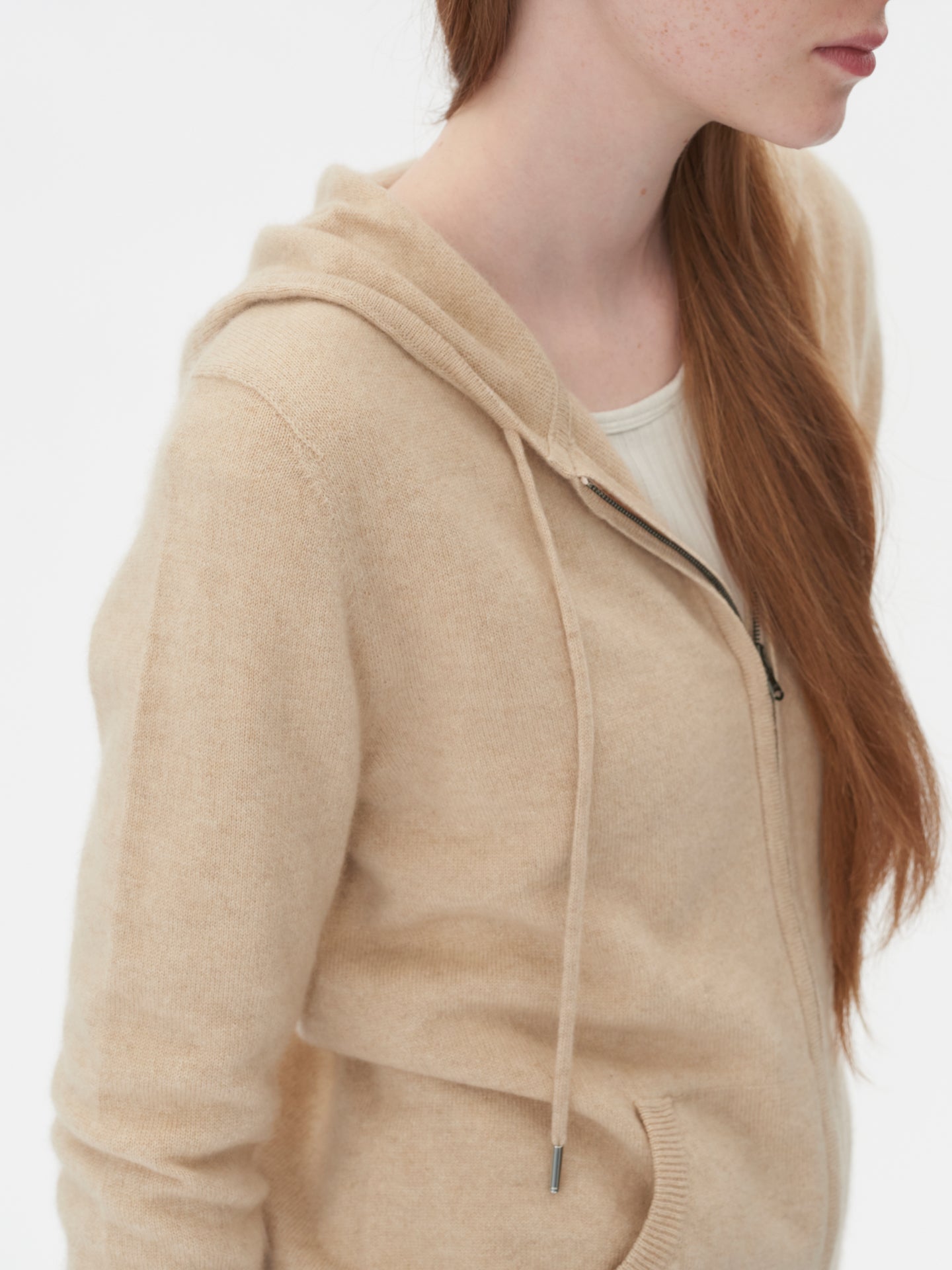 Damen Kaschmir Kapuzen-Strickjacke Mit Reißverschluss Beige - Gobi Cashmere