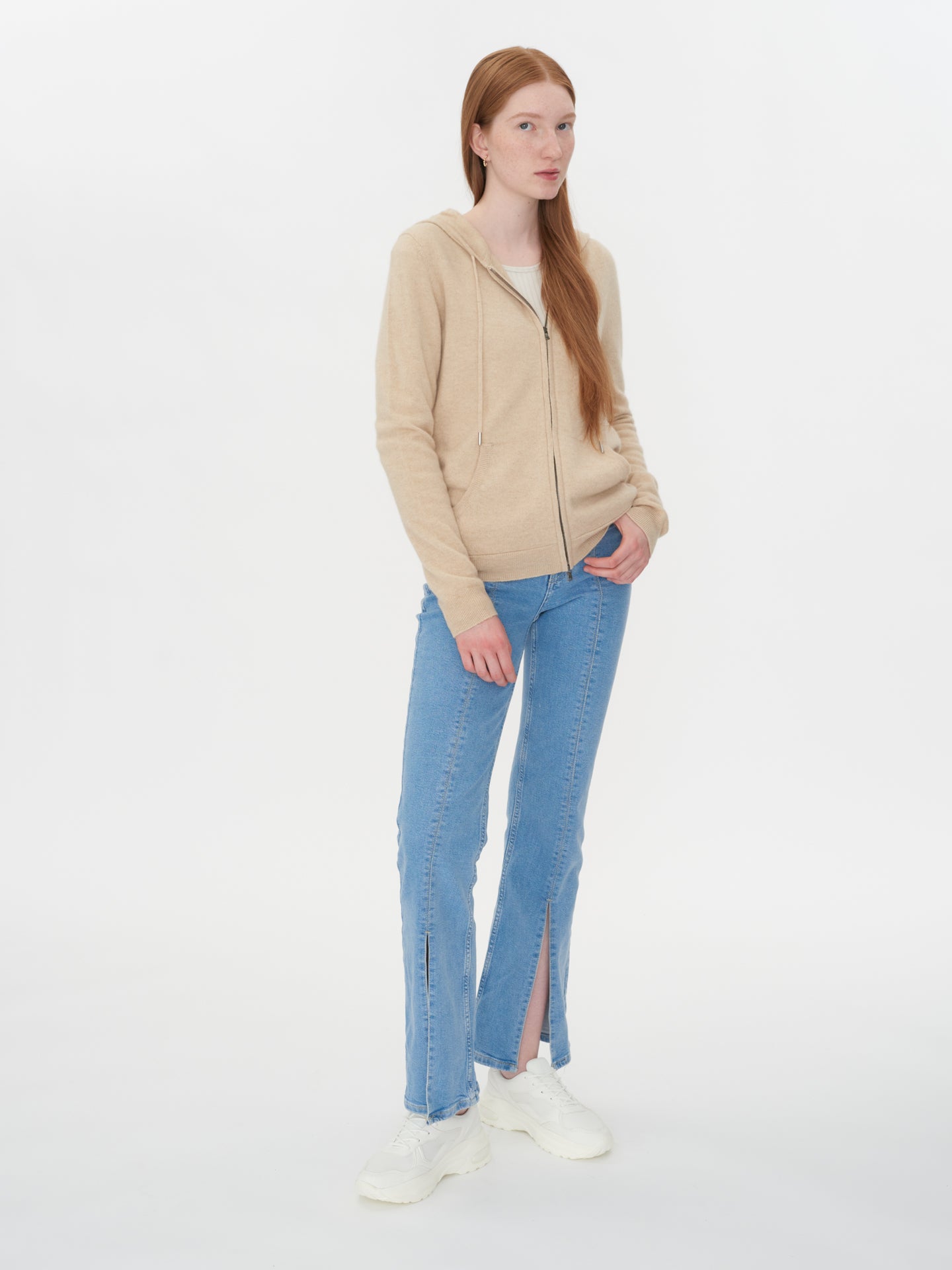 Damen Kaschmir Kapuzen-Strickjacke Mit Reißverschluss Beige - Gobi Cashmere