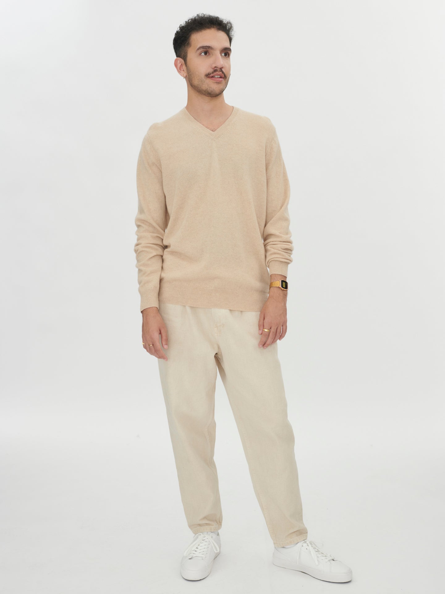 Herren Kaschmir V-Ausschnitt Pullover Beige - Gobi Cashmere