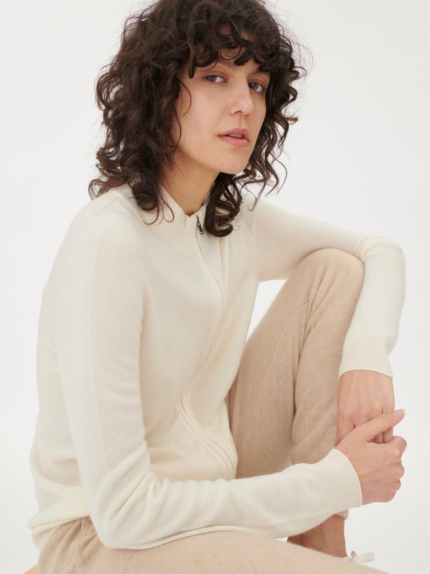 Damen Kaschmir Strickjacke Mit Reißverschluss Marshmallow - Gobi Cashmere