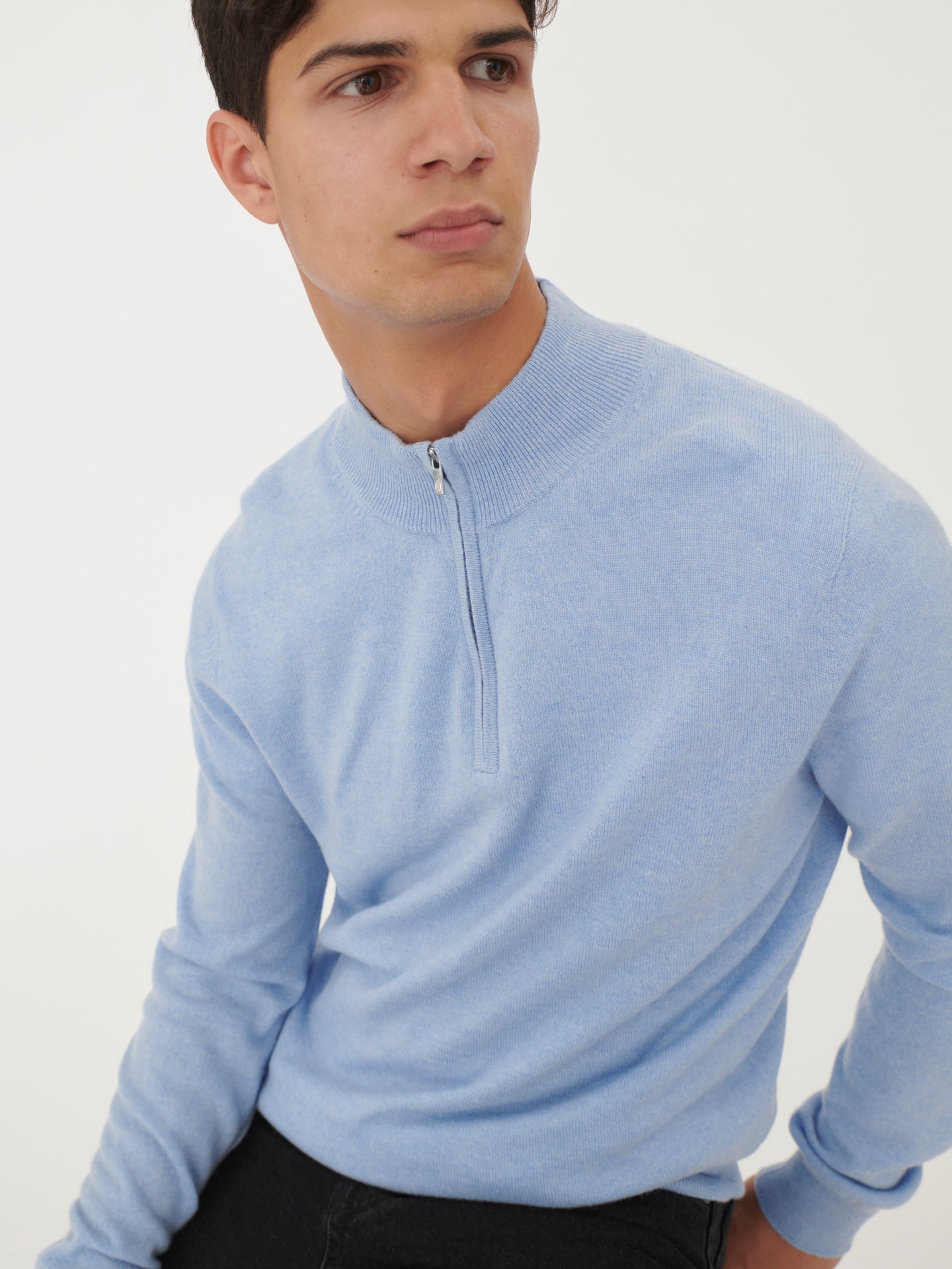 Men's Cashmere Half Zip Polo Dim Light Blue - Gobi Cashmere