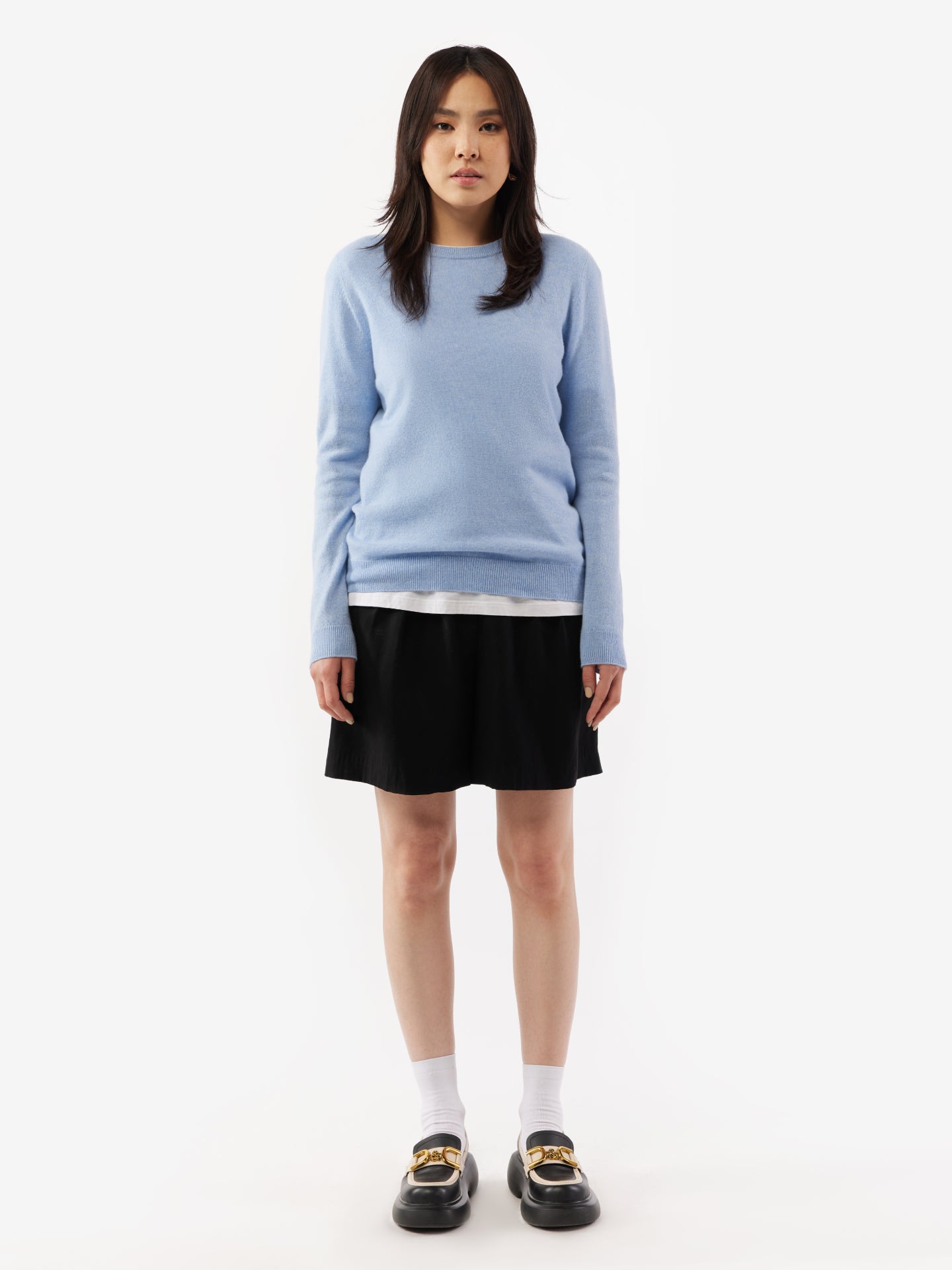 Damen Kaschmir Basic R-Ausschnitt Pullover blau - Gobi Cashmere