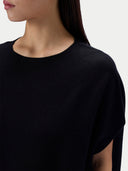 Detailaufnahme von Rundhalsausschnitt und feiner Strickstruktur in Schwarz