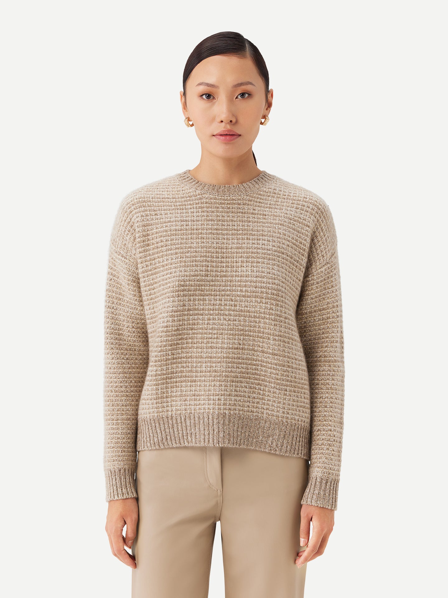 Tweedmuster Kaschmirpullover mit Rundhalsausschnitt