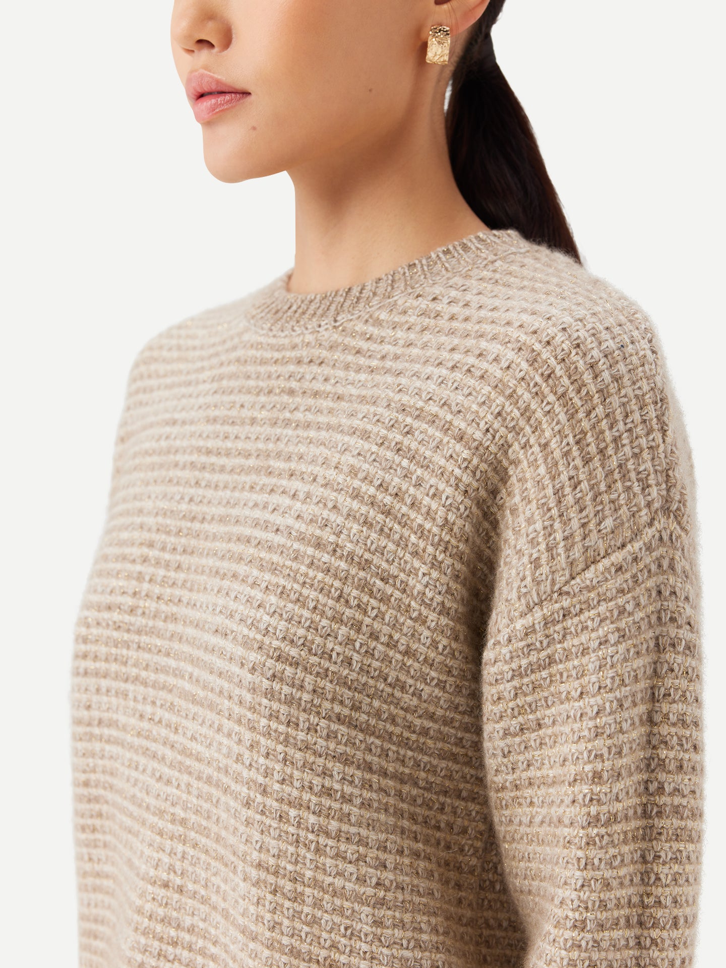 Tweedmuster Kaschmirpullover mit Rundhalsausschnitt