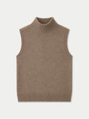 Ärmelloses Damen Kaschmir Top in Taupe mit geripptem Stehkragen und Rippsaum, Vorderansicht flach