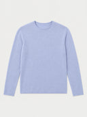 Herren Kaschmirpullover Rundhals in Classic Blue mit Rollkante, Vorderansicht als Flatlay
