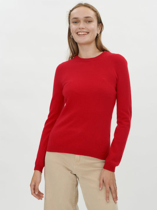 Damen Kaschmir Basic R-Ausschnitt Pullover Rot - Gobi Cashmere